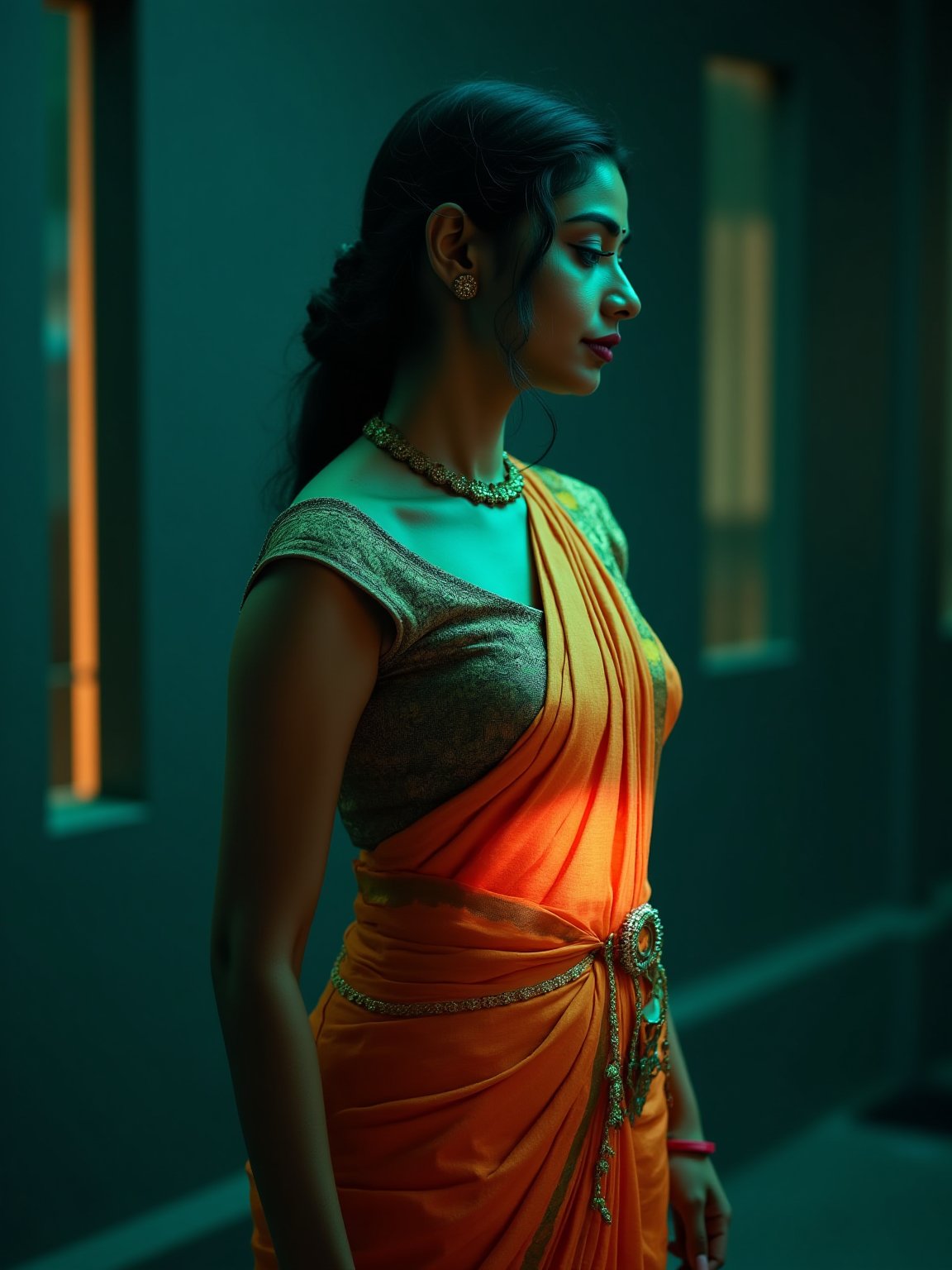 Futuristic, a mallu woman, in saree, navel. Full body, midriff exposed navel show, Cinematic colour grading, teal and orange lighting, Cyberpunk city realistic photography, 
fantasy beauty, biochemiluminescence, art nouveau, bright colors,  detailed textures, high quality, high resolution, high precision, realism , color correction, proper lighting settings, harmonious composition, Behance works,Details,Details,Texture,Details,weird_futuristic_fashion,Cosplay,Traditional,AnadeArmasFlux,Futuristic 