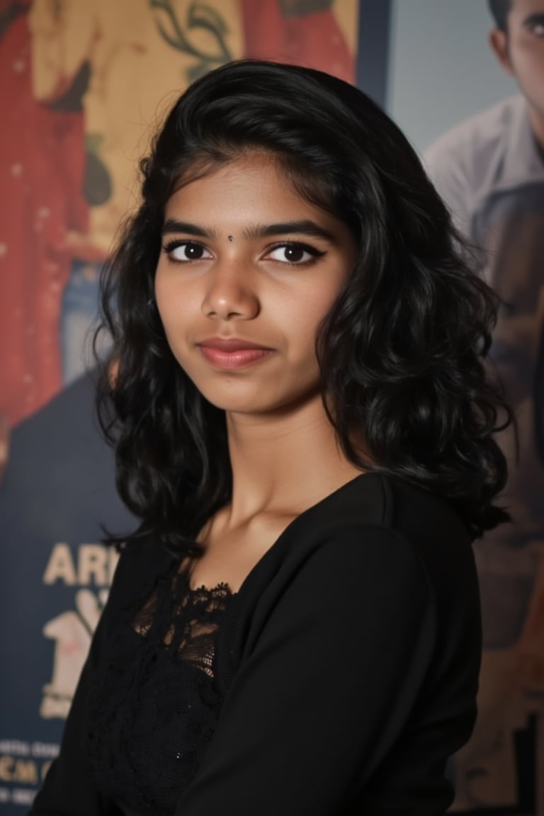  A young woman stands confidently against a movie poster backdrop, her gaze directed straight at the camera, exuding an air of confidence and allure, She wears a black top with a lace pattern, her features softly highlighted by even lighting, Off-center placement draws the viewer's eye towards her, while a subtle hint of a man in the background adds depth to the scene, The movie poster suggests a possible movie theater setting,Sahana15 