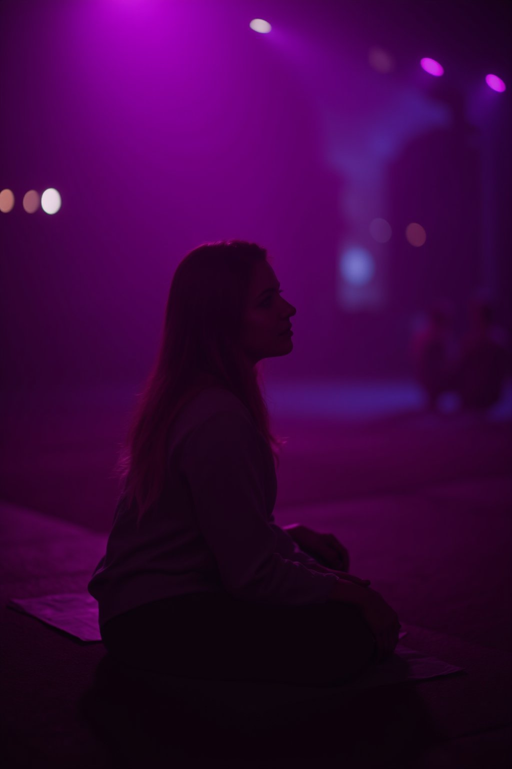 cinematic, A young woman with blonde hair sits in a dimly lit room, illuminated by soft purple and pink lighting. She gazes thoughtfully into the distance, with a bokeh of lights in the background, creating an intimate and contemplative atmosphere., film grain, Short telephoto focal length, shot on ALEXA 65,30yo