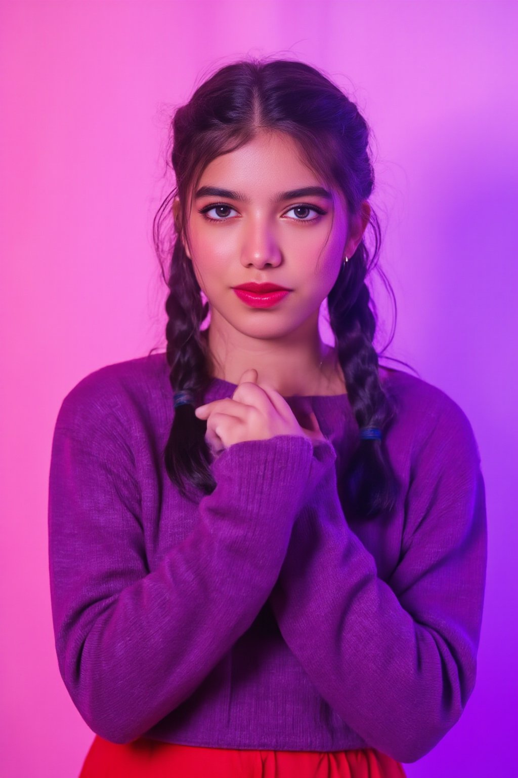 A photorealistic full-body portrait of a stunning 21yo hubggirl with perfect hands. She wears a vibrant purple sweater and double braids adorned with tiny earrings. Her shoulder-length purple hair is styled in intricate braids that cascade down her back. Her eyes are a deep, rich purple, framed by thick eyelashes and subtle makeup. A bold red lip color adds a pop of brightness to the overall gradient background, which transitions seamlessly from pink to purple. The subject's gaze is direct, with a hint of sassiness as she wears a trendy hat and sports a confident smile. Shut up, indeed!,Teenager 