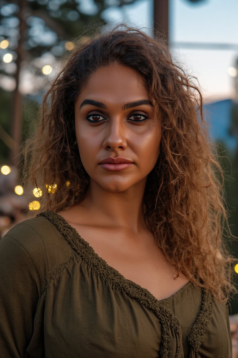 Generate an image of a stunning 38-year-old women, blending Black and Spanish heritage. She has fluffy curly golden brown hair, Type 4 hair, lush and vibrant, falling in loose waves down her back.

Setting:
- Outdoor: A serene mountain campsite at dusk, mountain view
- Soft, warm lighting with subtle shadows and twinkling string lights
- Tall trees surrounding a cozy clearing, with a crackling campfire and rustic wooden benches
- Camping gear and equipment subtly integrated into the scene

Physical Description:
- Fair skin with a subtle, sun-kissed glow
- Bright, expressive hazel eyes
- olive, dark Italian skin

Outfit:
- Comfortable, green earth-toned camping shirt (flannel or fleece)
- Practical hiking pants or leggings
- Warm, cozy cardigan 
- Sturdy hiking boots

Style:
-Effortless, coastal chic
- Confident, carefree, innocent pose

Mood:
- Serene, joyful, and radiant
- Capturing the essence of a relaxed summer afternoon
Inspired by singer Tyla's vibrant energy and style, create a breathtaking image that embodies beauty, elegance, and a laid-back coastal vibe.