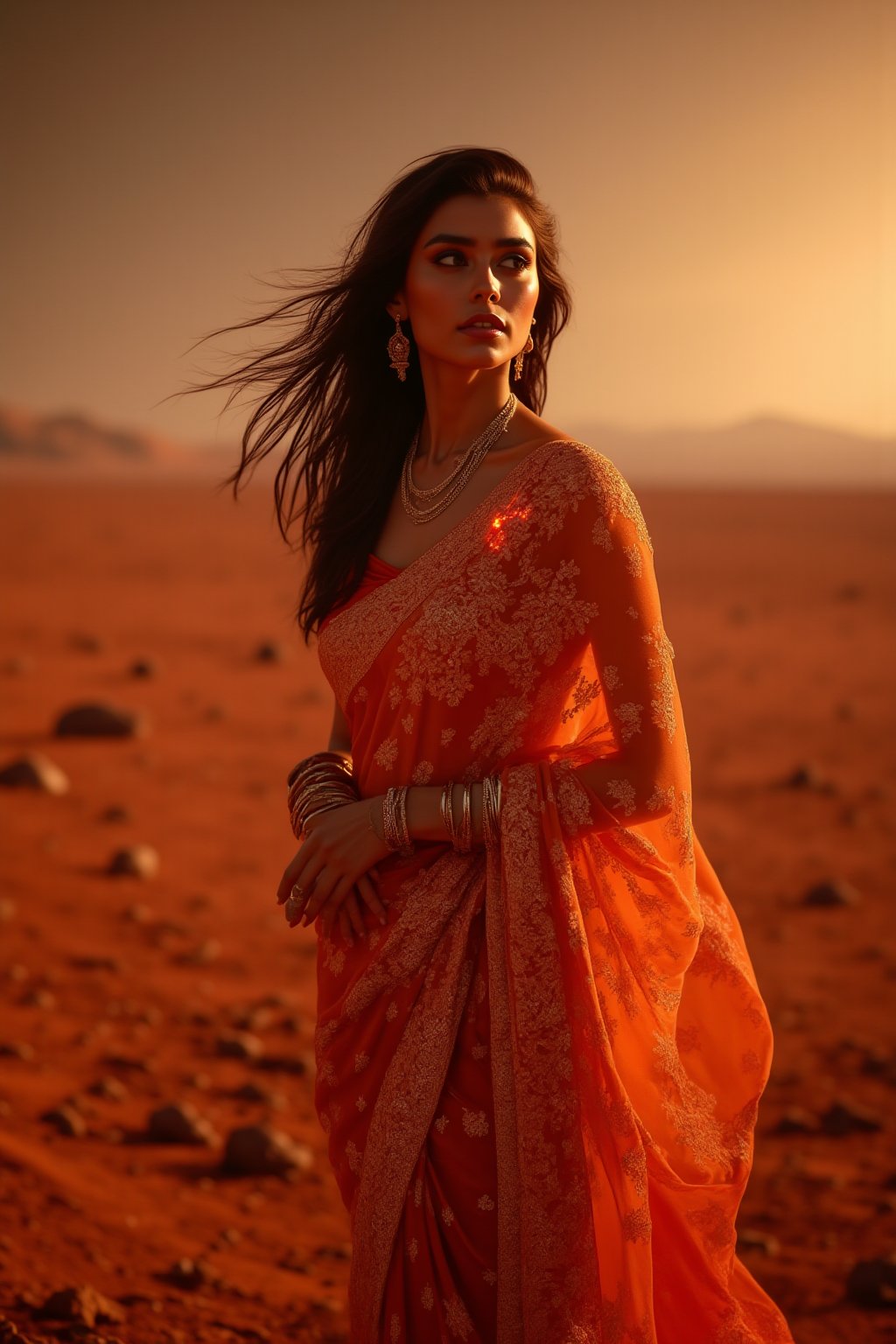 Mars Explorer in Traditional Attire
"A stunning Indian woman stands on the red, rocky surface of Mars, blending elements of her cultural heritage with futuristic technology. Mars rover near She wears a sleek saree, with glowing neon accents:1, customized to reflect traditional Indian motifs, such as intricate gold patterns and a sari-like drape over her shoulder. Her hair wave, mars effect, mars havy sand storm:1.4, revealing a radiant face with sharp, determined eyes. The harsh Martian environment contrasts with her beauty, while the backdrop features the dusty Martian landscape, distant planets, and a futuristic space colony on the horizon. The lighting is dramatic, with warm tones highlighting the red sands of Mars, creating a powerful, cinematic scene captured in ultra-realistic photography."

Details: face texture, perfect eyes, 5 finger on each hands, hair details, costume texture perfect, symmetry, Sharp background,