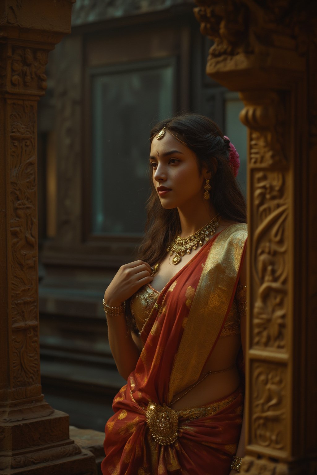 A cinematic masterpiece: The Goddess of Kamasutra stands elegantly within an ancient temple's intricately carved walls, navel (1) subtly accentuated by her flowing saree. Traditional gold ornaments glimmer under sharp, Arri Alexa LF-captured lighting, while bold makeup and elaborate drapery showcase her sensual features. Exquisite skin texture and subtle shading create a warm, mysterious ambiance, as teal and orange hues dance across the frame.