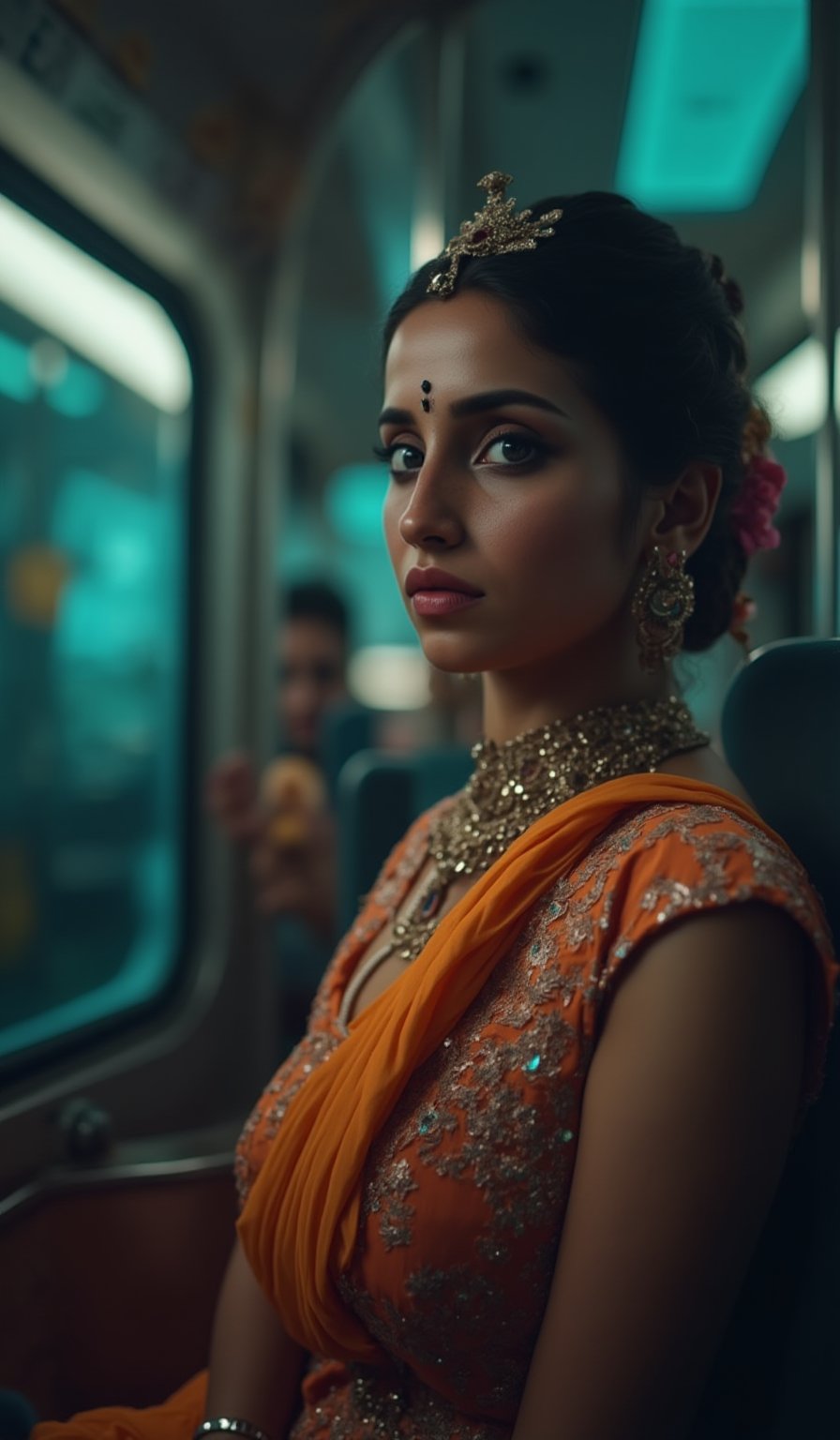 A beautiful mallu women in a train,  morden dress, futuristic atmosphere, realistic  raw photo, details, 32k, cinematic color grading, skin texture, Teal and orange color lighting 