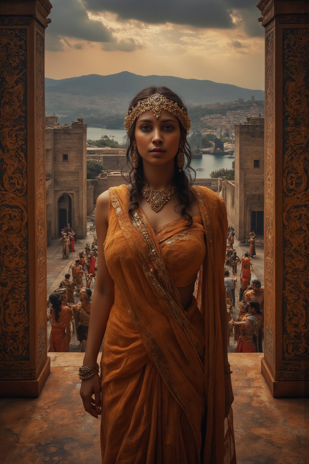 ultrarealistic photography, A resolute Mycenaean queen, draped in a finely woven tunic of saffron-dyed linen and a golden diadem engraved with Minoan spirals, stands on the battlements of her citadel as an enemy army approaches the fortified walls of her city. Behind her, towering cyclopean walls, built with massive limestone blocks, protect the ancient city of Mycenae. Warriors in bronze armor, wielding shields and spears, stand ready for battle. The queen’s gaze is fixed on the distant sea, where ships with black sails signal the coming of invaders. Around her, the rich culture of Mycenaean Greece is evident—the frescoes on the palace walls depict scenes of battle and ritual, and the throne room glows with the faint flicker of oil lamps as her advisors strategize. The sky above is darkening, the air thick with tension, as the last light of day illuminates the mountains that cradle her kingdom.,JoeyKingFlux,NithyaMenonFlux,Size 32 25 34,23 yo women,Mallu.