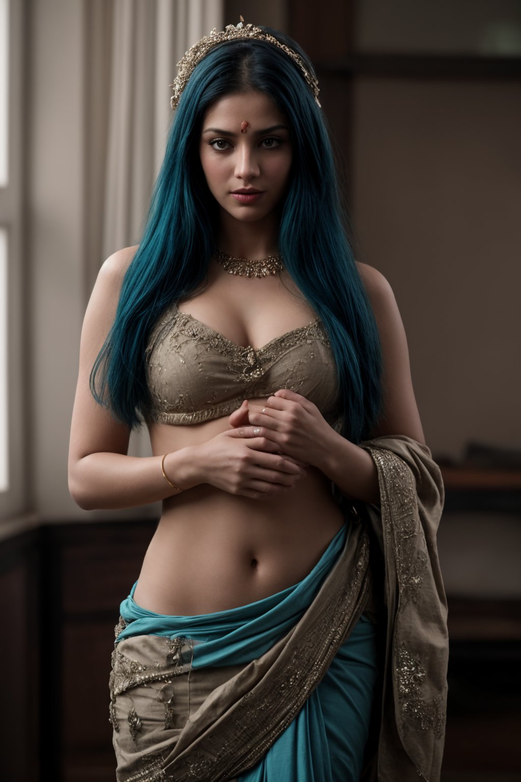 "A mesmerizing, realistic portrayal of the Goddess of Kamasutra, standing gracefully in an ancient, saree, blue hair,opulent setting. Her figure is draped in traditional Indian attire adorned with intricate jewelry, including ornate bangles, anklets, and a waist chain that elegantly emphasizes her sensuality. Her exposed navel (navel:1) is a focal point, enhancing her divine, feminine allure. Shot on an ARRI Alexa XT cinematic camera, the scene is bathed in warm teal and orange lighting, adding depth and contrast to her bronzed skin, while the detailed textures of her garments and surroundings are captured with ultra-high-definition clarity.,Ts Sara Salazar 