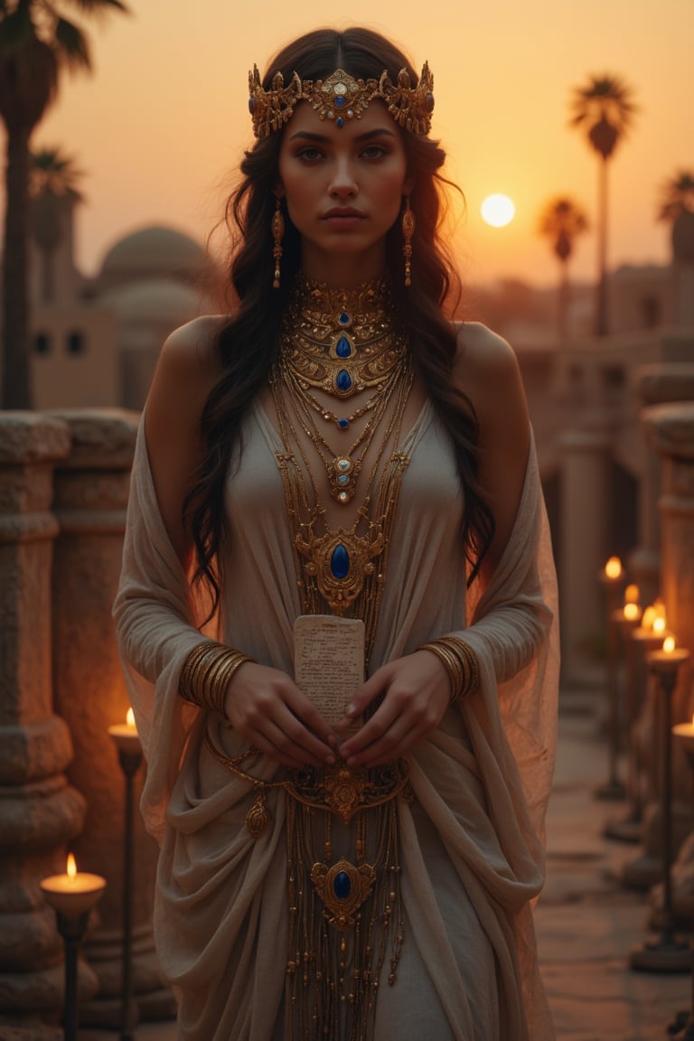 Real photography, cinematic, A beautiful priestess of ancient Mesopotamia looking at the viewer, adorned in a flowing linen gown with intricate gold and lapis lazuli jewelry, stands before ancient mesopotamian buildings at dusk. Her long, dark hair is braided with golden threads, and she holds a clay tablet inscribed with cuneiform symbols.  Torches flicker in the warm desert breeze. The sky glows with the setting sun, casting a deep orange hue over the landscape and illuminating the fertile crescent below. Palm trees sway in the distance
