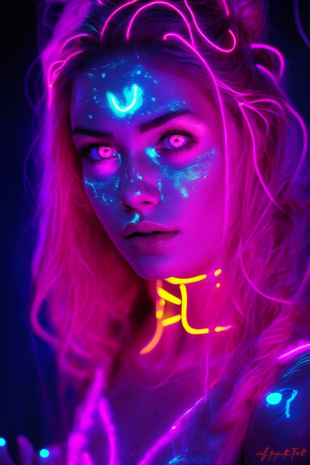 Portrait of a mystical fantasy bioluminescent neon woman. Glamorous fashionable lady. Glowing skin spot,  Glowing color,...