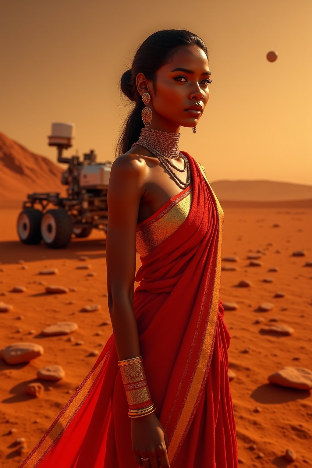 Mars Explorer in Traditional Attire
"A stunning Indian woman stands on the red, rocky surface of Mars, blending elements of her cultural heritage with futuristic technology. She wears a sleek, saree, with glowing neon accents, customized to reflect traditional Indian motifs, such as intricate gold patterns and a sari-like drape over her shoulder. Rover bihind Her,  revealing a radiant face with sharp, determined eyes. The harsh Martian environment contrasts with her beauty, while the backdrop features the dusty Martian landscape, distant planets, and a futuristic space colony on the horizon. The lighting is dramatic, with warm tones highlighting the red sands of Mars, creating a powerful, cinematic scene captured in ultra-realistic photography.",Futuristic 