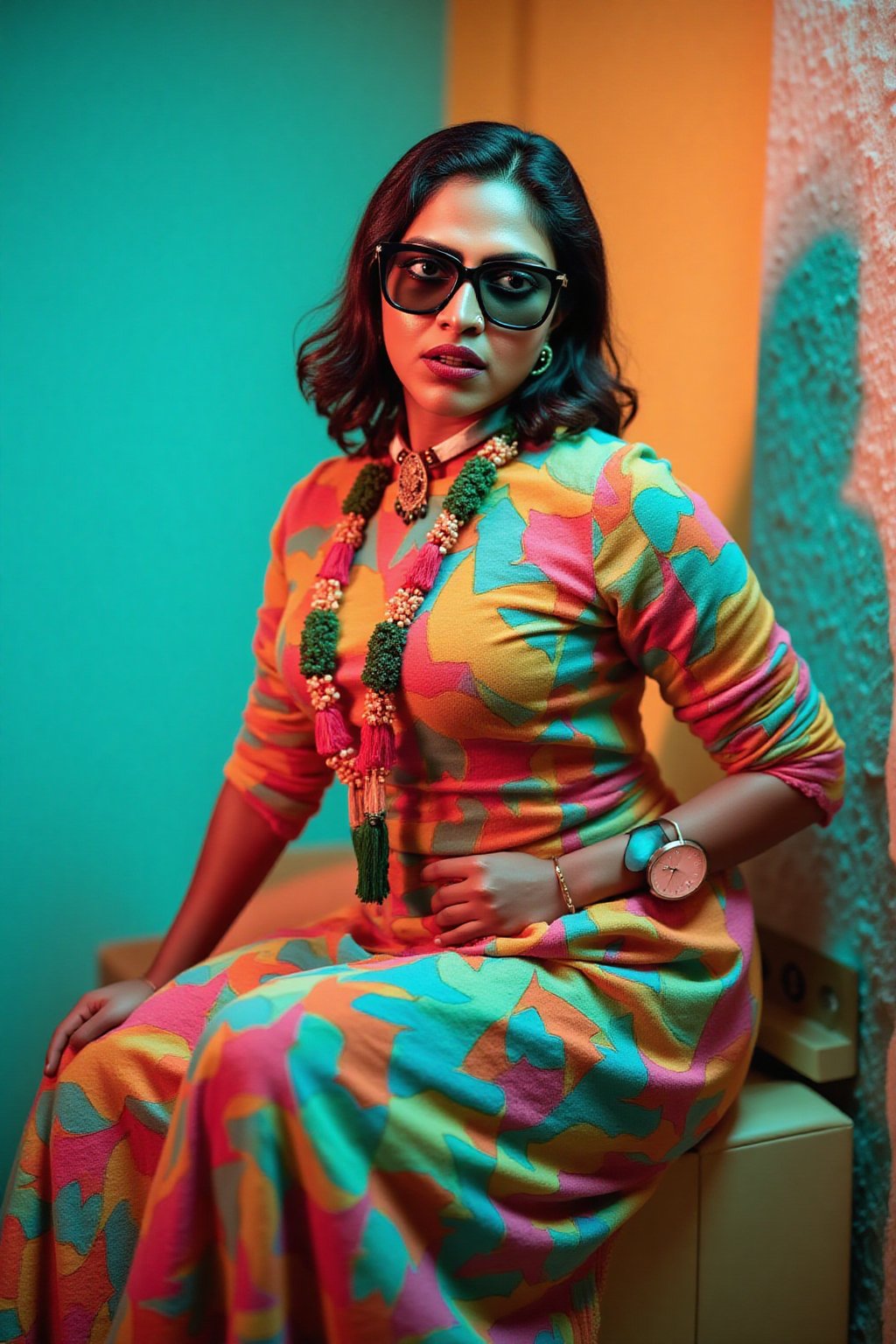 A stylish Mallu girl with a curvy, sexy figure poses confidently in a modern, non-traditional outfit adorned with traditional ornaments. She wears oversized, colorful sunglasses and a bold, patterned turtleneck that stands out against a teal and orange background, graded with cinematic color tones. The scene captures a complex, action-oriented pose reminiscent of cyberpunk themes from Blade Runner and The Matrix, set in a highly stylized, photorealistic CGI environment. The abstract, textured background adds a pop art flair with bold, vibrant colors, enhancing the modern, high-quality 32K masterpiece. Studio lighting accentuates every detail, bringing a mix of traditional elements and futuristic vibes together in this dynamic composition