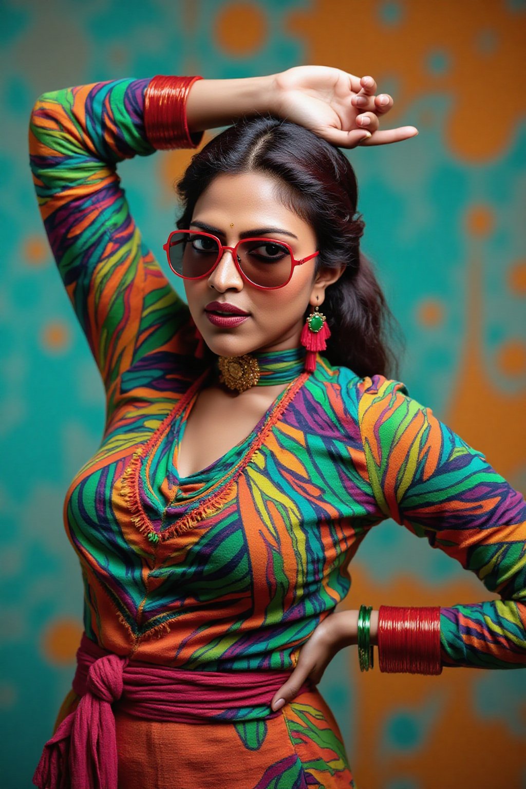 A stylish Mallu girl with a curvy, sexy figure poses confidently in a modern, non-traditional outfit adorned with traditional ornaments. She wears oversized, colorful sunglasses and a bold, patterned turtleneck that stands out against a teal and orange background, graded with cinematic color tones. The scene captures a complex, action-oriented pose reminiscent of cyberpunk themes from Blade Runner and The Matrix, set in a highly stylized, photorealistic CGI environment. The abstract, textured background adds a pop art flair with bold, vibrant colors, enhancing the modern, high-quality 32K masterpiece. Studio lighting accentuates every detail, bringing a mix of traditional elements and futuristic vibes together in this dynamic composition