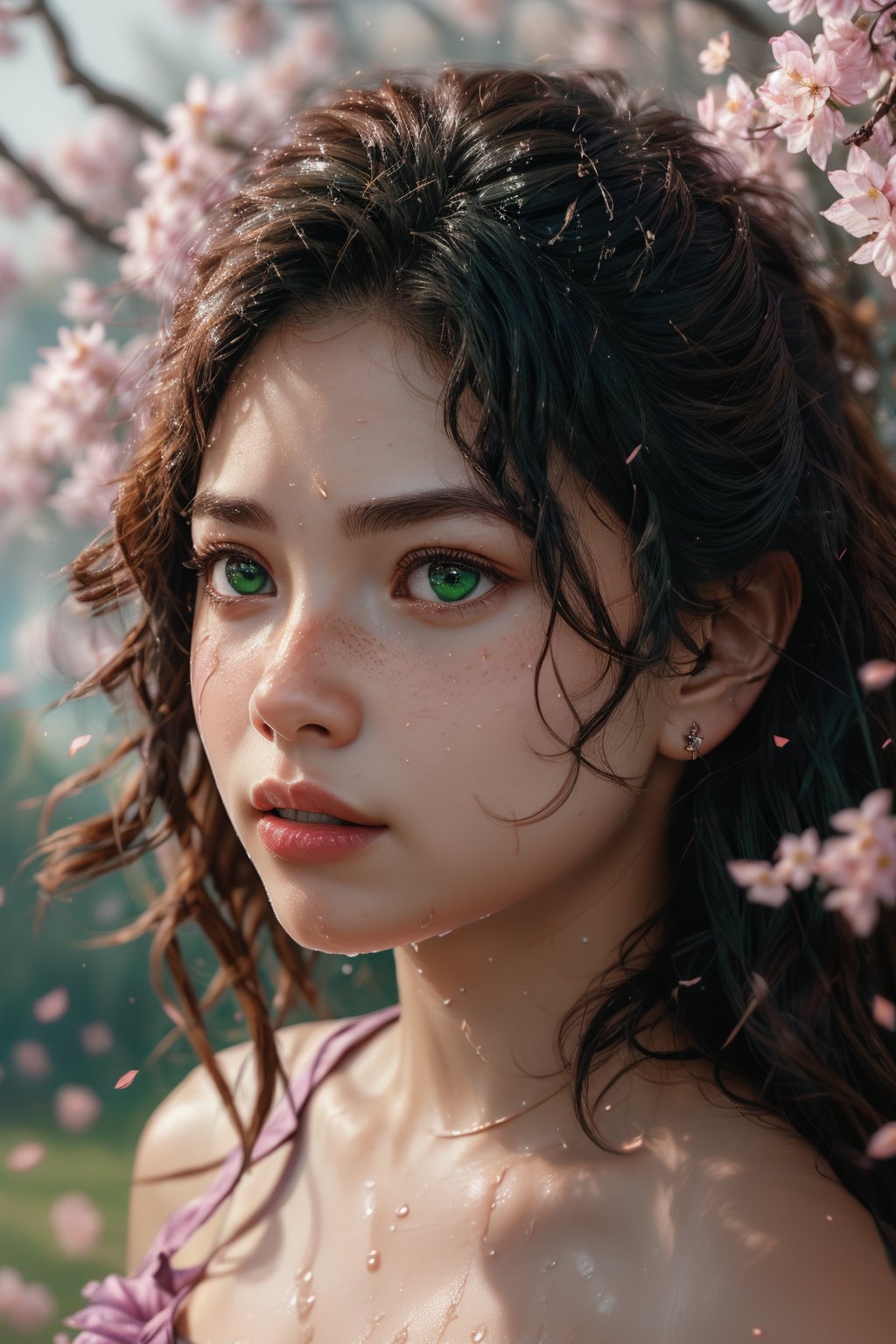 1girl, solo, realistic wet skin, light particle, long hair, looking at viewer, brown hair, jewelry, green eyes, upper body, flower, outdoors, parted lips, day, blurry, lips, petals, depth of field, facial mark, cherry blossoms, wind, freckles, nose, branch, Energy light particle mecha,Light particle,slim fit,Light particles and spark