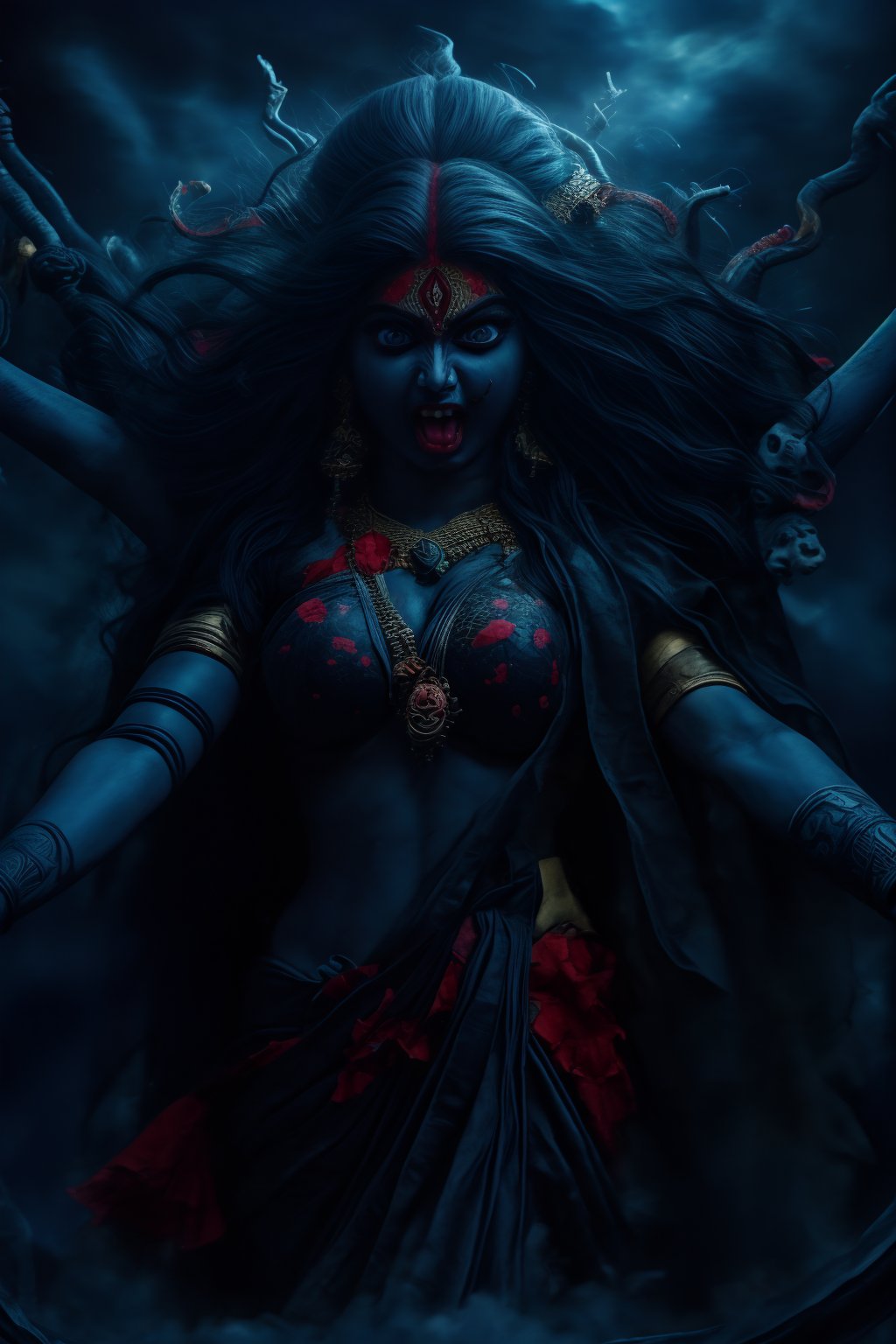 A powerful and terrifyingly beautiful depiction of the Hindu goddess Kali Maa,  portrayed with a perfect hourglass figure...