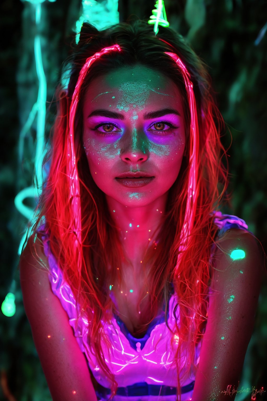Portrait of a mystical fantasy bioluminescent neon woman. Glamorous fashionable lady. Glowing skin spot,  Glowing color,...