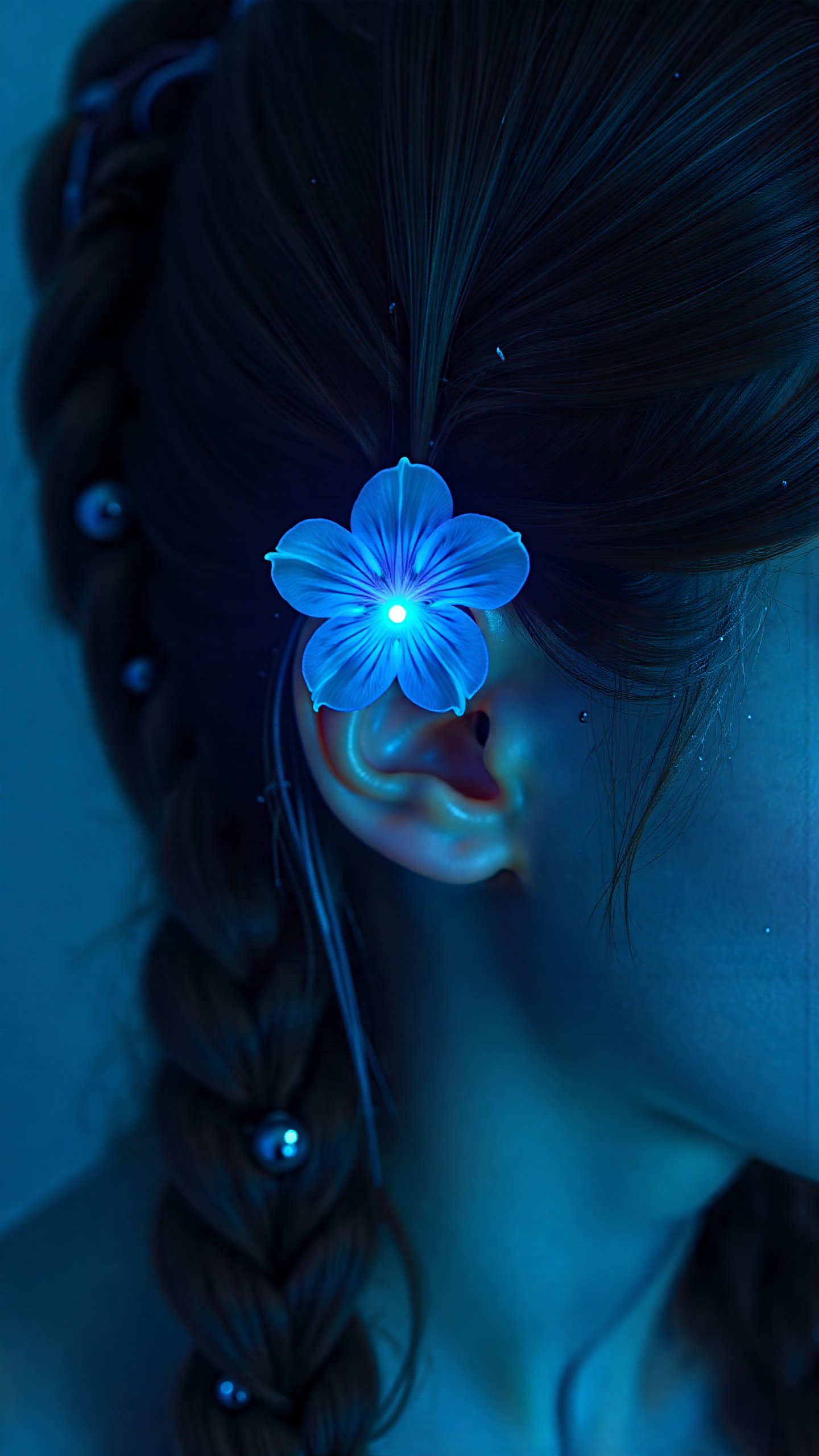 A breathtakingly detailed CloseUp Photography masterpiece captures the essence of an exquisite girl's hair adorned with a stunning bioluminescent flower. Soft focus blurs the background as the subject's locks take center stage, showcasing intricately textured strands and a single, radiant bluebell-like bloom with delicate water droplets clinging to its luminous petals. The analog-style image is rendered in photorealistic 16k resolution, boasting hyper-realistic details that evoke sculptural art. Oil and marker lines on cracked epoxy glass create an exquisite, high-contrast framework, while ultra-fine illumination highlights the subject's hair and flower with dramatic flair, perfect lighting, and a hint of mystique.