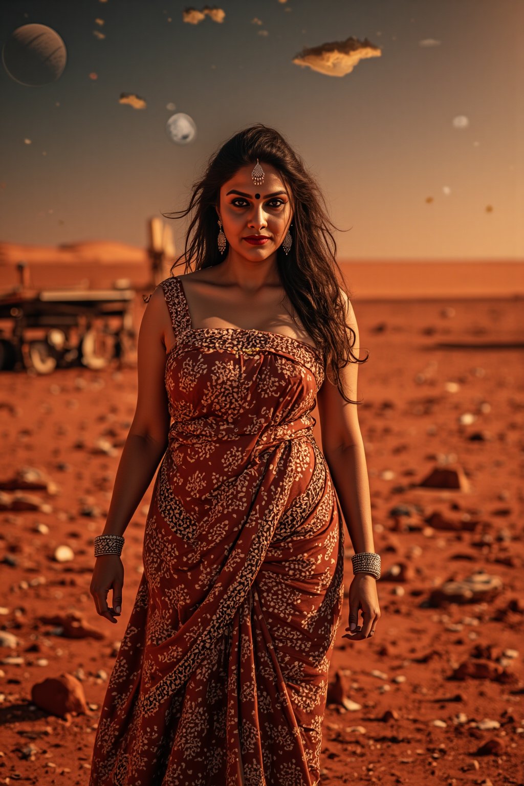 Mars Explorer in Traditional Attire
"A stunning Indian woman stands on the red, rocky surface of Mars, blending elements of her cultural heritage with futuristic technology. Mars rover near She wears a sleek saree, with glowing neon accents:1, customized to reflect traditional Indian motifs, such as intricate gold patterns and a sari-like drape over her shoulder. Her hair wave, mars effect, mars havy sand storm:1.4, revealing a radiant face with sharp, determined eyes. The harsh Martian environment contrasts with her beauty, while the backdrop features the dusty Martian landscape, distant planets, and a futuristic space colony on the horizon. The lighting is dramatic, with warm tones highlighting the red sands of Mars, creating a powerful, cinematic scene captured in ultra-realistic photography."

Details: face texture, perfect eyes, 5 finger on each hands, hair details, costume texture perfect, symmetry, Sharp background,