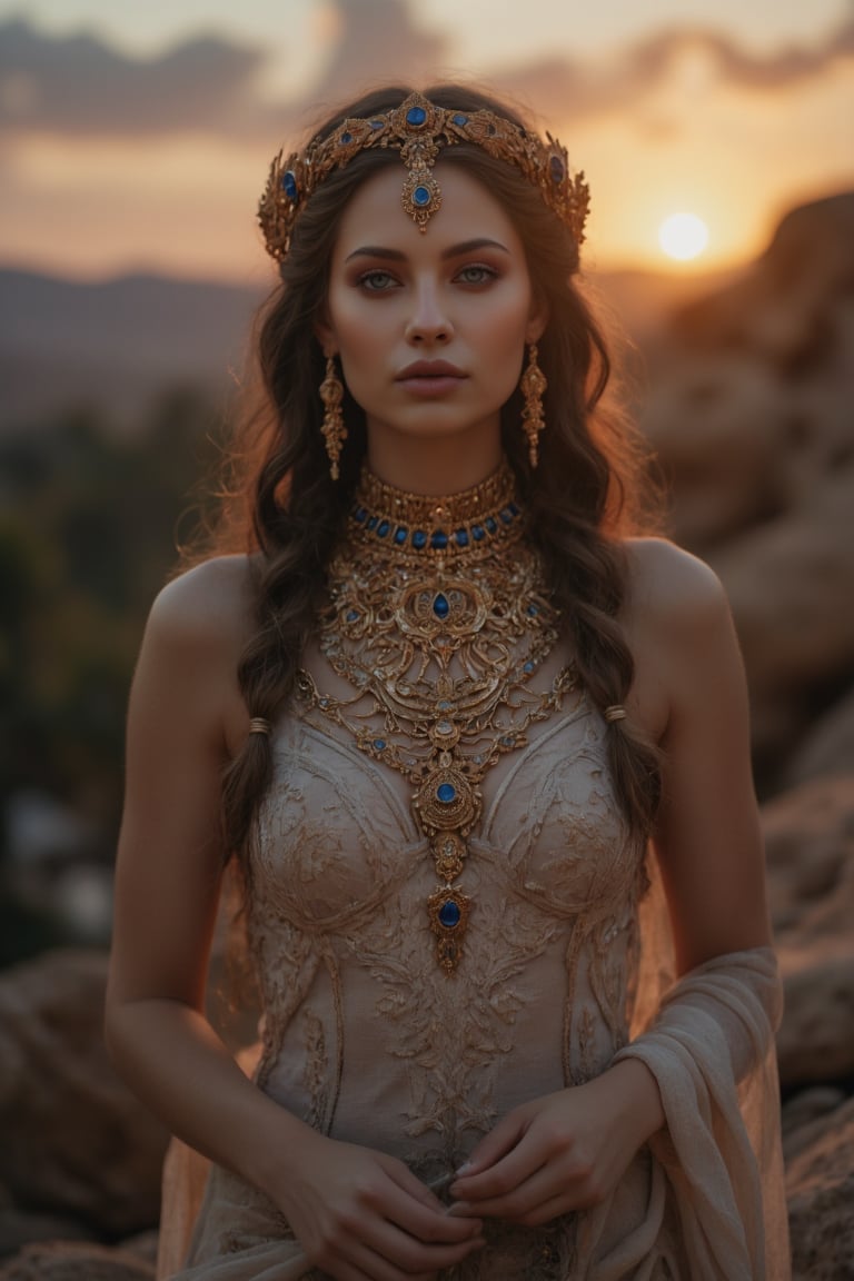 Real photography, cinematic, A beautiful priestess of ancient Mesopotamia looking at the viewer, adorned in a flowing linen gown with intricate gold and lapis lazuli jewelry, stands before ancient mesopotamian buildings at dusk. Her long, dark hair is braided with golden threads, and she holds a clay tablet inscribed with cuneiform symbols.  Torches flicker in the warm desert breeze. The sky glows with the setting sun, casting a deep orange hue over the landscape and illuminating the fertile crescent below. Palm trees sway in the distance
