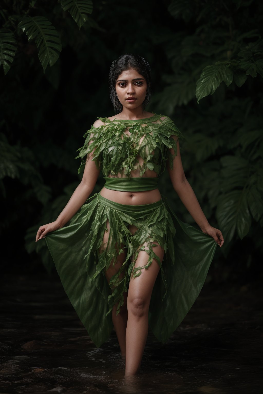 A majestic young woman emerges from the verdant foliage, adorned entirely in a stunning ensemble crafted from delicate Plantain leaves. Red yellow brown colour leafs, Her slender figure is enveloped by a flowing, ethereal gown constructed from thousands of intricately arranged leaves, their gentle curves and soft sheen creating a mesmerizing effect.

The leafy fabric drapes effortlessly around her lithe physique, the subtle rustling of each leaf underscoring the gentle movement of her body as she moves. Her private areas are discreetly concealed by a delicate leafy barrier, its edges carefully positioned to maintain modesty while still showcasing the natural beauty of the surrounding foliage.

The soft, golden light of the sun filters through the leafy canopy above, casting dappled shadows across her skin and illuminating the intricate patterns of the Plantain leaves. A sprinkling of dew-kissed droplets glistens on the leaves, imbuing the overall scene with a serene, idyllic quality.

As she stands within this natural setting, the young woman's presence seems almost an extension of the surrounding vegetation, as if she has been organically grown from the very earth itself. The Plantain leaf costume appears not only beautiful but also eerily lifelike, blurring the lines between her and the natural world around her.,Blossom lady 