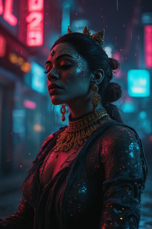 Design a cyberpunk-style movie poster with the title "KALI" prominently displayed in bold, futuristic letters at the top. The central focus of the poster is a close-up of a cyberpunk Asian female android, her face a blend of human-like features and sleek, metallic components. She has a serene expression with her eyes closed, as if in a meditative state, connected to a digital or virtual world. Her synthetic skin has intricate glowing patterns, and her hair is styled in a futuristic, sleek cut.

The background features a dark, neon-lit cityscape typical of a cyberpunk world, with vibrant colors like blues, purples, and pinks illuminating the scene. There are towering skyscrapers, holographic advertisements, and subtle rain effects to add depth and atmosphere. The android's surroundings are filled with digital particles and soft light trails, enhancing the dreamlike and futuristic feel of the poster.

The title "ai patapperukki" should be prominently displayed, glowing with neon lights, possibly casting a soft glow over the poster. The overall design should evoke a sense of futuristic mystery and the merging of technology with human consciousness

 A powerful and terrifyingly beautiful depiction of the Hindu goddess Kali Maa, portrayed with a perfect hourglass figure and a dark, foreboding atmosphere. She has black or blue skin, with her third eye prominently displayed on her forehead, radiating fierce energy. Her 10 hands are spread out:1.4, each holding a different mythological weapon or symbolic item, such as a skull and traditional Hindu weapons. Kali Maa is adorned with gold and traditional ornaments, including necklaces, bangles, and anklets that gleam against her dark skin. Her attire is a traditional cracked saree, worn in a way that reveals her powerful and curvaceous form. Her hair is wild and dirty, flowing around her like a storm, adding to her fearsome presence. The scene is set on a dark, horror-themed night, with a cinematic atmosphere and dramatic color grading that emphasizes the intensity and otherworldly power of the goddess. The lighting casts deep shadows and highlights her divine yet terrifying beauty. The background is ominous, filled with swirling mists and dark clouds, enhancing the sense of dread and reverence. The overall image is detailed, with intricate textures and rich colors, creating a visually stunning and awe-inspiring portrayal of Kali Maa, the goddess of time, death, and destruction.,Goddess Kali,Horror,Indian goddess,  