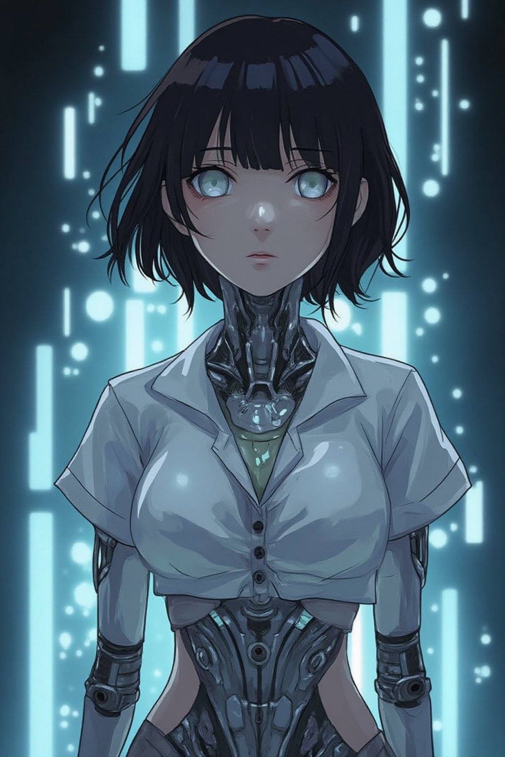 Huyuga hinata, Cyberpunk female android wearing a white shirt, ((The shirt is wet and transparent)),see-through clothes, A cybernetic body can be seen underneath, light reflecting off the mirrored mechanical body, short wavy brown hair, and piercing eyes. Mechanical neck and chest with intricate details. Futuristic background with holographic elements. Anime style, high-contrast lighting, detailed mechanical parts, elegant yet robot-like poses, and a sophisticated and mysterious atmosphere.