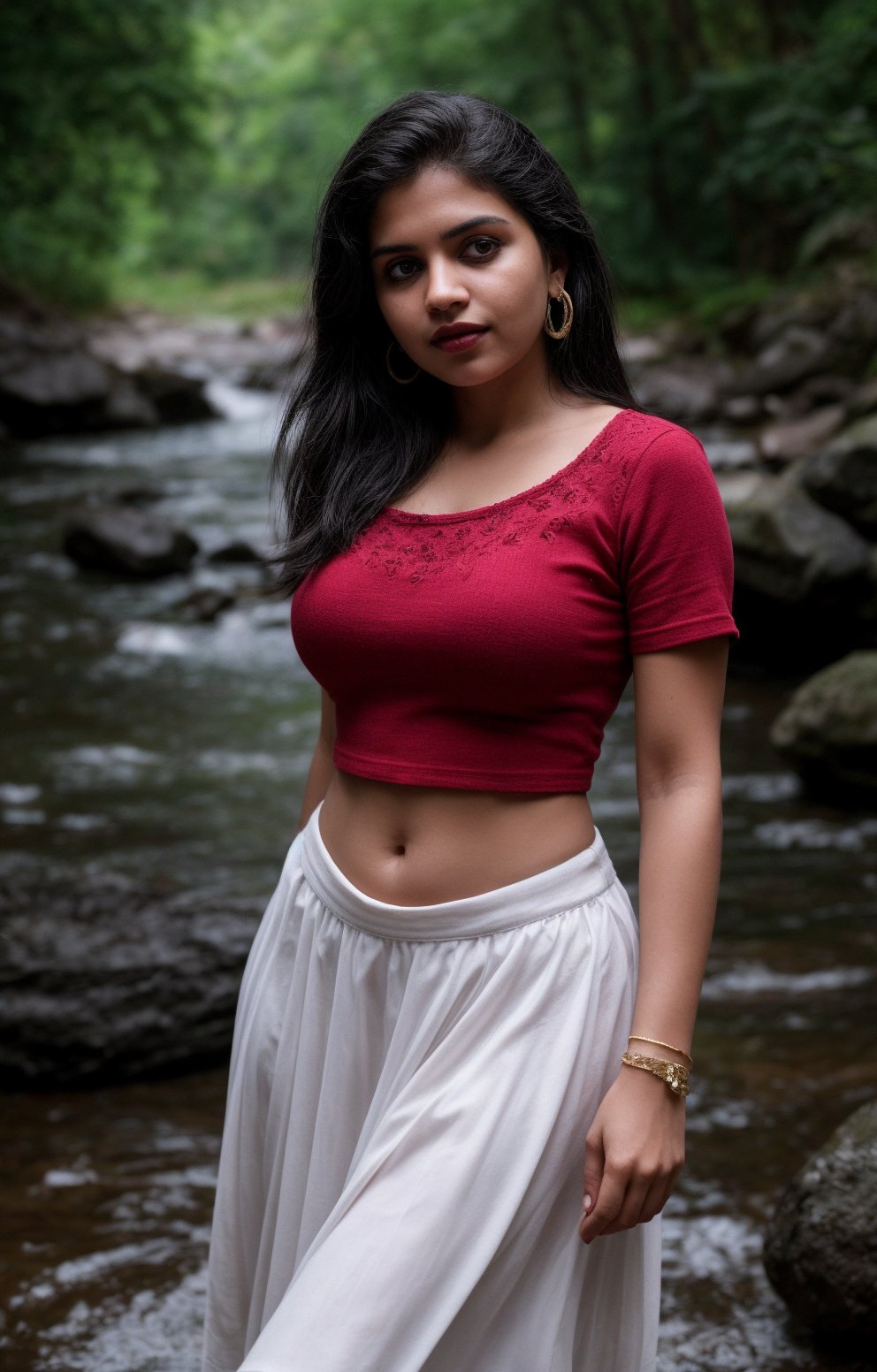 Beautiful curvy women, solo, long hair, skirt, shirt, black hair, jewelry, standing, full body, earrings, midriff, water, blurry, arms up, bracelet, tree, blouse, , blurry background, white skirt, red shirt, long skirt, rock, photo background, Indian traditional dress , 28yo, plumb , not slim,  The task is to annotate the image by identifying and describing its content using natural language. The image contains a woman standing in a natural setting, which includes a stream and rocks. She is dressed in traditional attire with a red blouse and a white skirt, adorned with gold detailing. Her pose and the serene environment suggest a connection with nature and possibly a cultural or personal significance to the attire and setting.