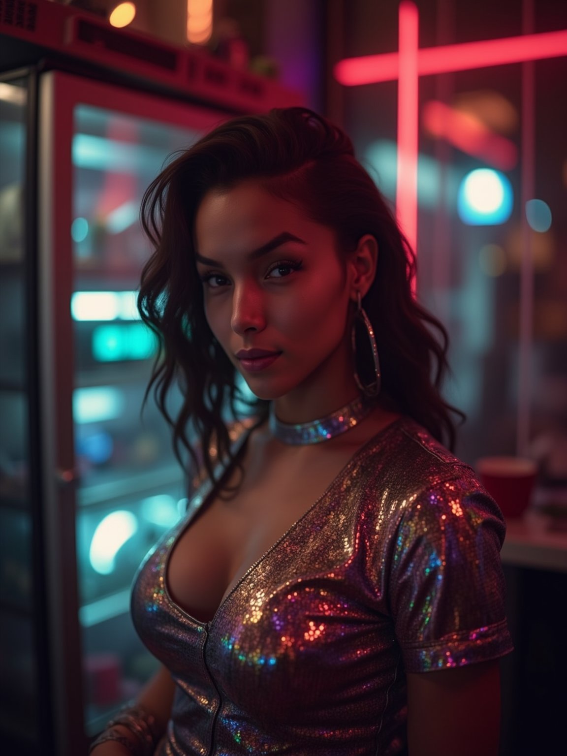 A woman posing confidently, radiant in a metallic dress with digital patterns and neon accents, against a blurred backdrop of vintage circuitry and neon lights. Soft, warm lighting highlights her features,  reflecting a digital glow. Her stylish gaze is set off by the retro-futuristic atmosphere, as if stepping out of a 1980s time capsule.,NeemoFairy,Liminal Space,Ambience Steampunk,Mallu beauty 