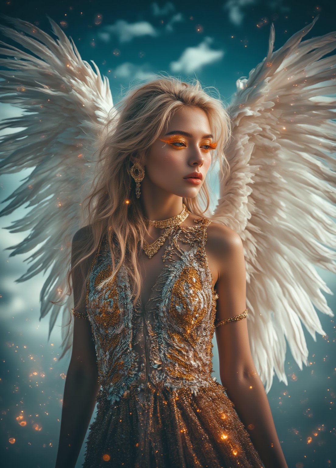 full body shot, young angel woman with yellow detailed eyes and long hair in gold jewelry, big white wings, light painting, futuristic digital, realistic sci-fi, lights, gold detailed dress, gold lashes, diamond, ethereal, misty, holographic, sky with white clouds on background,glitter,Midjourney_Whisper