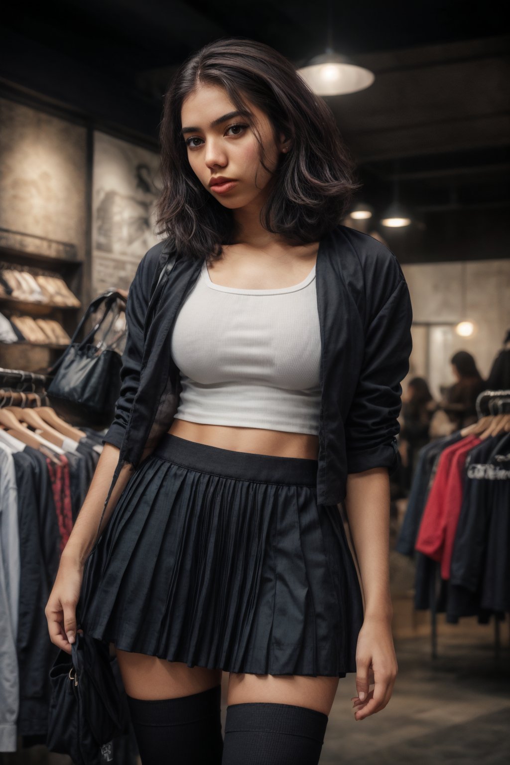 1girl, solo, breasts, looking at viewer, skirt, thighhighs, holding, jewelry, medium breasts, collarbone, pink hair, cowboy shot, earrings, parted lips, midriff, black thighhighs, indoors, miniskirt, black skirt, medium hair, necklace, bag, blurry, lips, crop top, blurry background, tshirt, realistic, holding bag, shopping