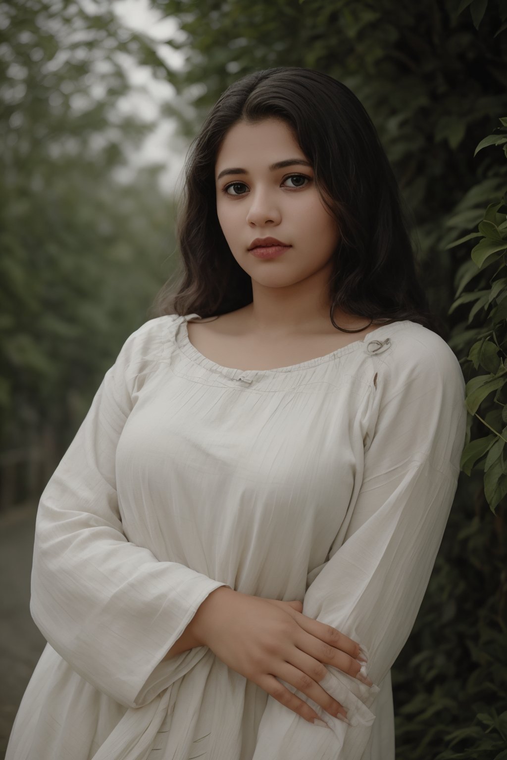 The image is a portrait of a woman positioned outdoors. The subject's attire and pose suggest a casual, possibly autumnal setting. The background, consisting of green foliage, provides a natural backdrop that contrasts with her warm-toned clothing. There is no explicit context provided within the image itself.