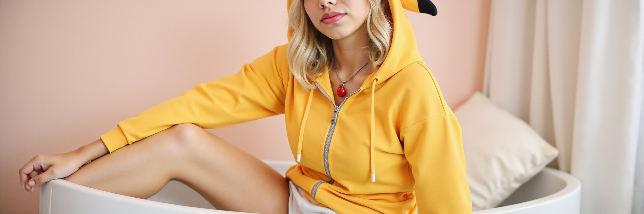 Captured at eye-level on a low-angle perspective, a woman dressed in a yellow pokemon costume is seated on a white bathtub. Her blonde hair is cascading over her shoulders, framing her entire body. She is wearing a silver necklace with a pendant hanging from it, adding a pop of color to her outfit. Her eyes are a piercing blue, and her lips are a darker shade of blue. Her hair is a light blonde, and she's wearing a ponytail, which is adorned with a black tip. The costume is reminiscent of a pikachu, with a yellow hoodie and a white bikini bottom. The hoodie has a zipper on the front, and a red pendant hangs from the hoodie. The backdrop is a pale pink wall, and there is a white pillow on the right side of the frame.,Teenager 