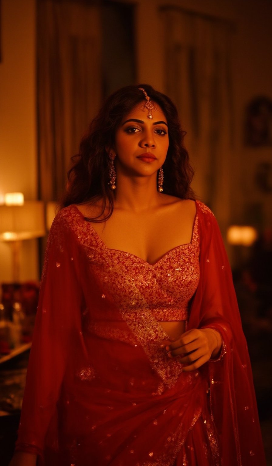 A stunning Madona Sebastian, dressed in a rich red lehenga with intricate embroidery, paired with heavy gold jewelry and a statement bindi on her forehead. Her long hair falls elegantly down her back as she strikes a confident pose, one hand resting on her hip and the other holding a delicate gold earring. The soft lighting highlights her natural complexion, while her eyes are enhanced by smoky eyeliner and volumizing mascara. She stands against a luxurious Bollywood-style backdrop, with subtle neon accents to emphasize her glamorous attire.