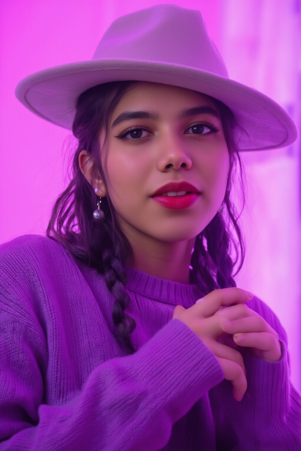 A photorealistic full-body portrait of a stunning 21yo hubggirl with perfect hands. She wears a vibrant purple sweater and double braids adorned with tiny earrings. Her shoulder-length purple hair is styled in intricate braids that cascade down her back. Her eyes are a deep, rich purple, framed by thick eyelashes and subtle makeup. A bold red lip color adds a pop of brightness to the overall gradient background, which transitions seamlessly from pink to purple. The subject's gaze is direct, with a hint of sassiness as she wears a trendy hat and sports a confident smile. Shut up, indeed!,Teenager 