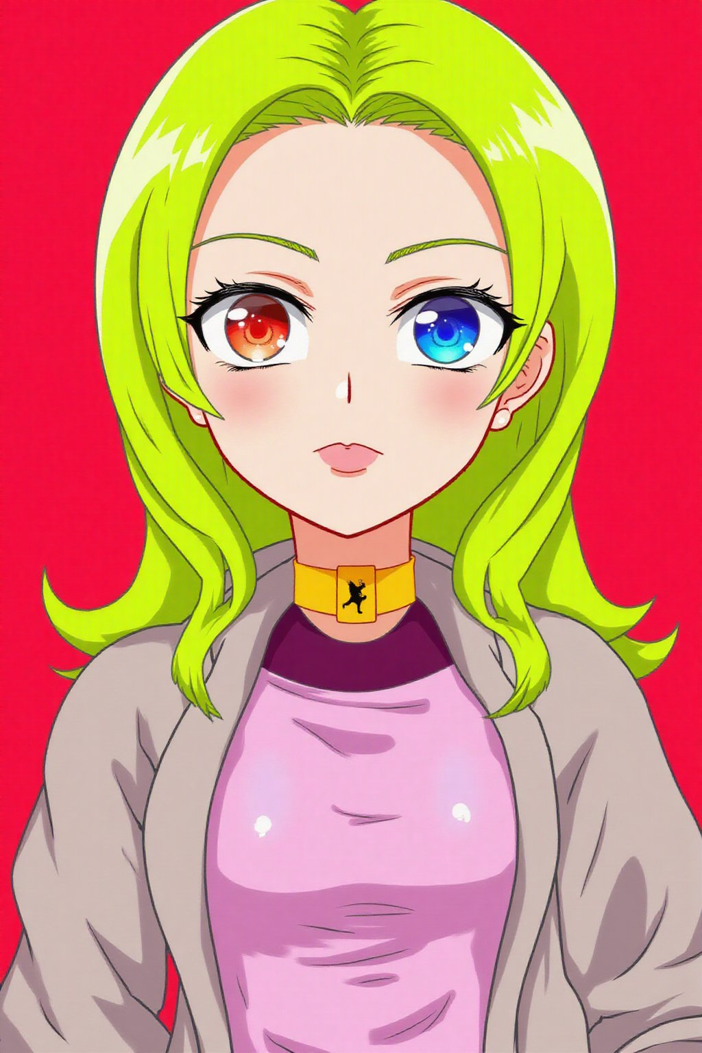 anime,BREAK, Vibrant pastel colors, exposed_navel, limited_palette, restricted_palette, 1girl, smug, piercing neon eyes, Neon, magazine_cover, bright lime green hair, flat red background, head_tilt, heterochromia,xamala