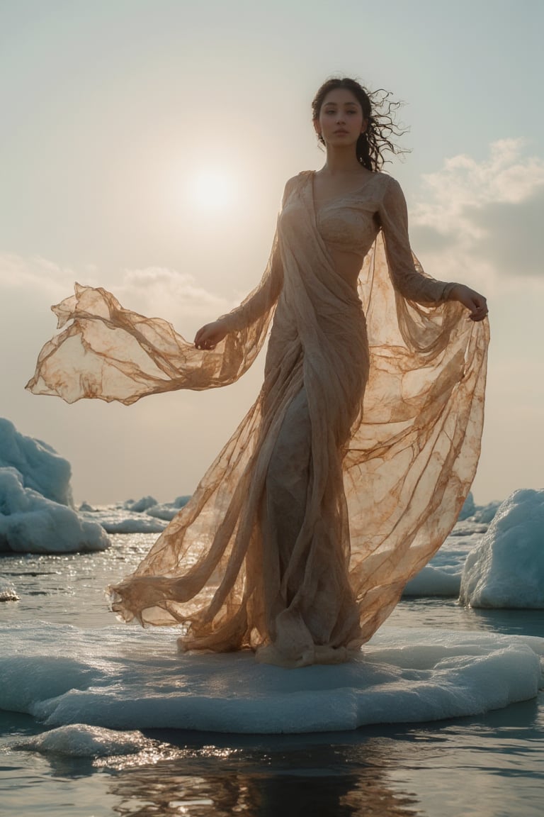  A photorealistic image of a woman wrapped in flowing transparent silk fabric, standing gracefully in an arctic setting on top of a big transparent iceberg lit by the sun, raytracing. The fabric moves slightly in the breeze, revealing the contours of her figure. Her pose is elegant, confident, and serene, with the interplay of light and shadow adding depth and texture. ethereal atmosphere, blending sensuality with artistic grace.,Beauty,Size 32 25 34,23 yo women,Mallu.