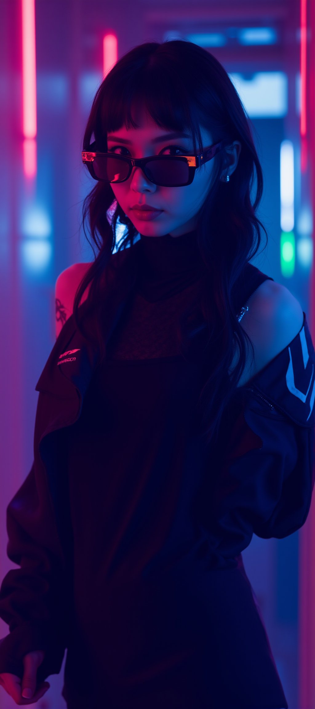 A cyberpunk women, realistic, details and enhanced image, beautiful,The atmosphere is fun and inviting, featuring colors like black, blue, dark blue, dark purple, gray, light green, purple, and orange. Neon lights in pink, blue, and green illuminate the space, creating a bokeh and Depth, captured in a cinematic style with a Sony A7R IV full-frame ceramic camera 