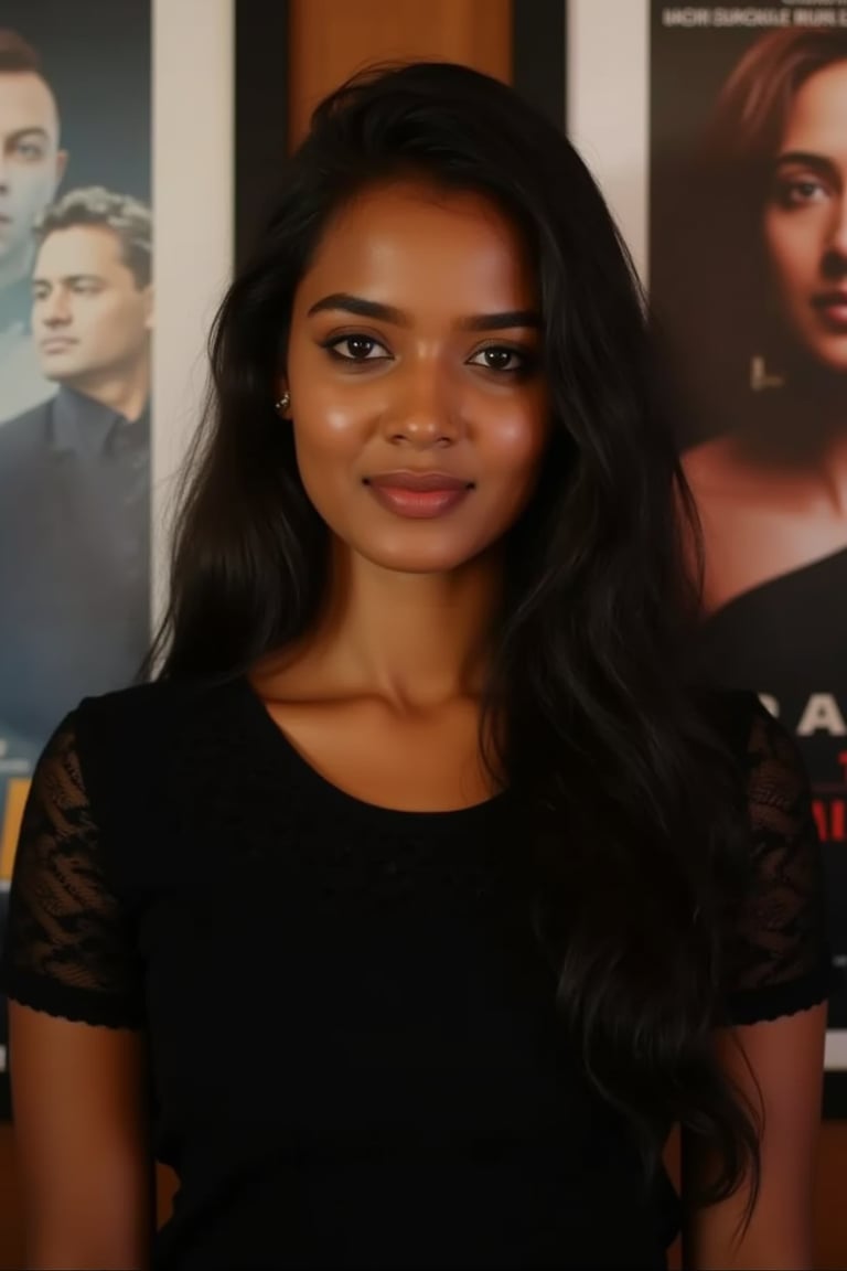  A young woman stands confidently against a movie poster backdrop, her gaze directed straight at the camera, exuding an air of confidence and allure, She wears a black top with a lace pattern, her features softly highlighted by even lighting, Off-center placement draws the viewer's eye towards her, while a subtle hint of a man in the background adds depth to the scene, The movie poster suggests a possible movie theater setting, 