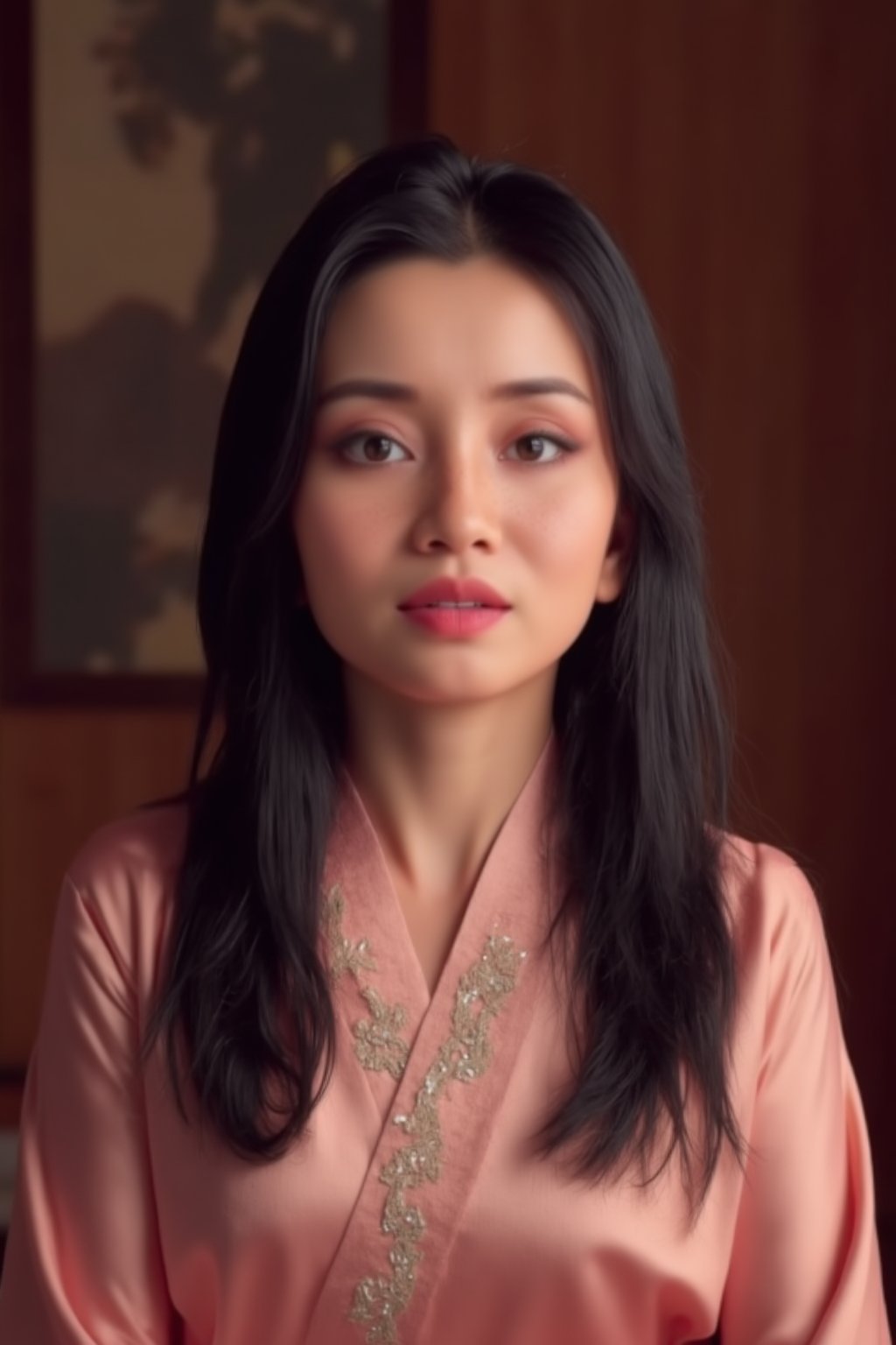 A close-up photorealistic portrait of a middle-aged Asian woman with fair skin, straight black hair, and subtle makeup. She is wearing a traditional silk robe with intricate embroidery, with soft, warm lighting highlighting her facial features. The background is a blurred indoor setting with wooden elements and soft textures, adding depth to the portrait. The focus is on her calm expression, delicate features, and the softness of the light on her face.
