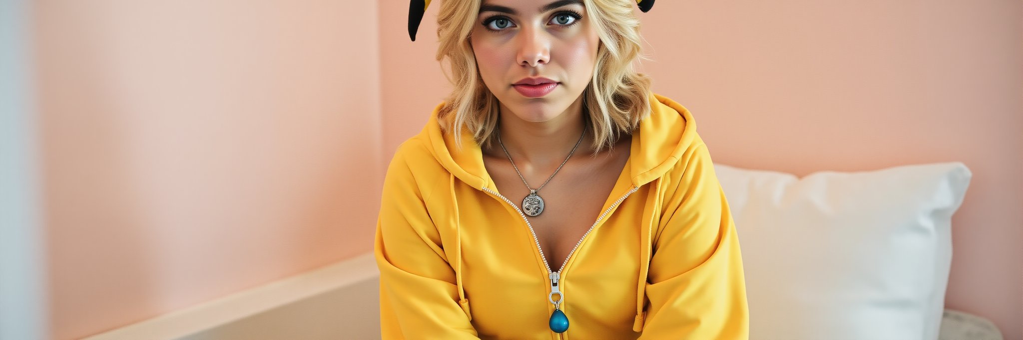 Captured at eye-level on a low-angle perspective, a woman dressed in a yellow pokemon costume is seated on a white bathtub. Her blonde hair is cascading over her shoulders, framing her entire body. She is wearing a silver necklace with a pendant hanging from it, adding a pop of color to her outfit. Her eyes are a piercing blue, and her lips are a darker shade of blue. Her hair is a light blonde, and she's wearing a ponytail, which is adorned with a black tip. The costume is reminiscent of a pikachu, with a yellow hoodie and a white bikini bottom. The hoodie has a zipper on the front, and a red pendant hangs from the hoodie. The backdrop is a pale pink wall, and there is a white pillow on the right side of the frame.