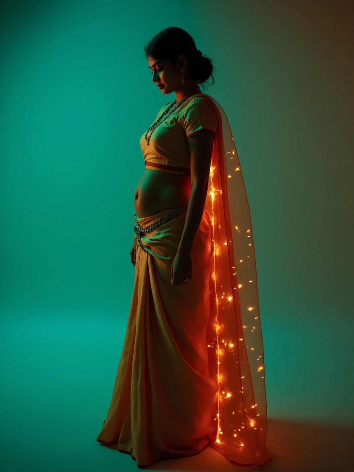 Futuristic, a mallu woman, in saree, navel. Full body, midriff exposed navel show, Cinematic colour grading, teal and orange lighting, Cyberpunk city realistic photography, 
fantasy beauty, biochemiluminescence, art nouveau, bright colors,  detailed textures, high quality, high resolution, high precision, realism , color correction, proper lighting settings, harmonious composition, Behance works,Details,Details,Texture,Details,weird_futuristic_fashion,Cosplay,Traditional,AnadeArmasFlux,Futuristic,Girl16yo