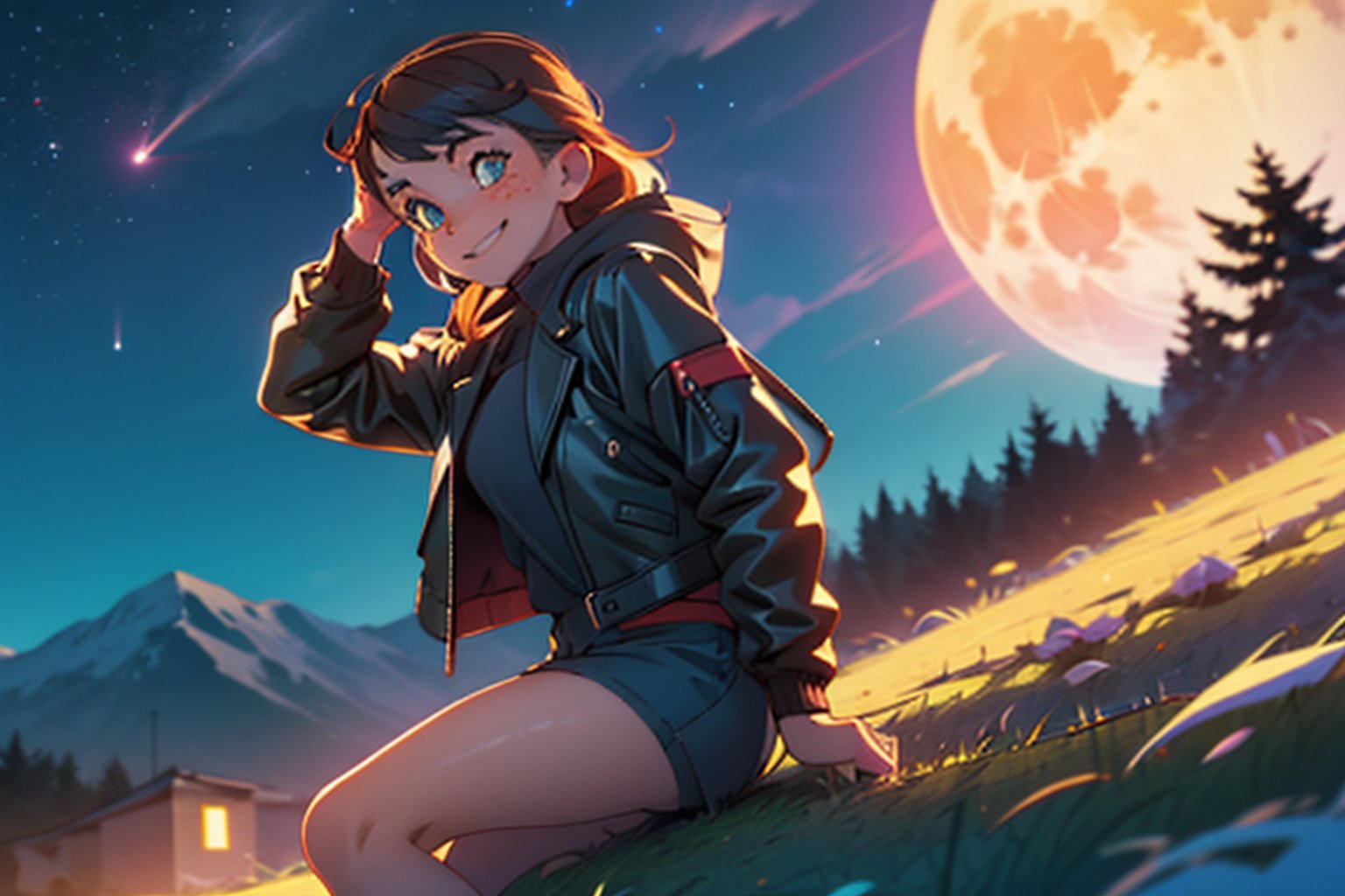 (best quality, masterpiece), 1 girl, leather jacket, thigh-high stockings, make-up, hand in pocket, looking to the side, backlit, seductive smile, freckles, on top of a mountain, one night background, full moon, multi-colored lights, night