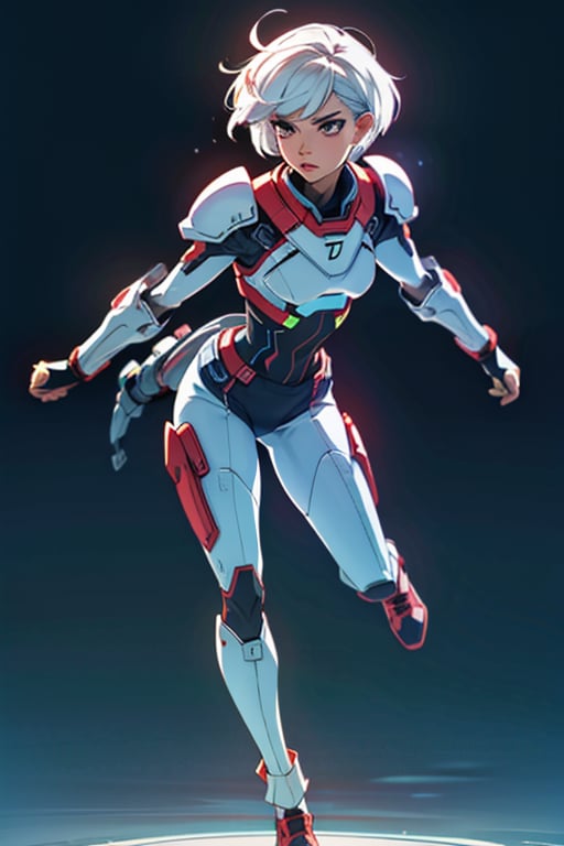 (1girl, full body), action scene, dynamic pose, Beautiful Korean woman, kpop idol, wearing Mass Effect armor, white hair, Cute Loose Bob hairstyle, red lips, small breasts, toned, dramatic lighting, (photorealistic:1. 4), (photorealism:1. 5), (8k, RAW photo, highest quality, masterpiece), ultra-high resolution, physics-based rendering, 