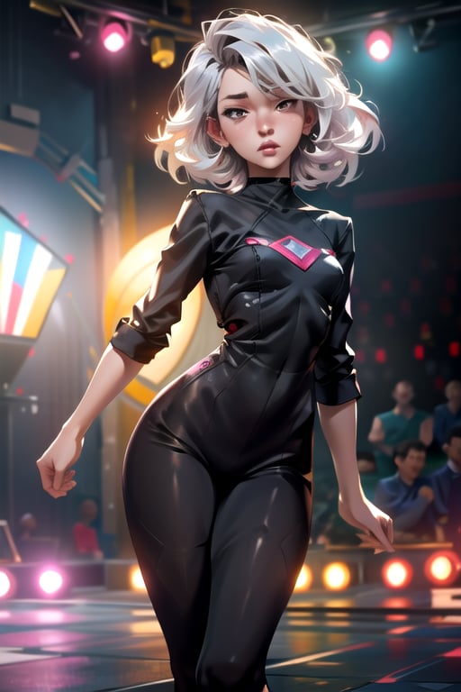 (1girl, full body in a Disco), dance scene, dynamic pose, Beautiful Korean woman, kpop idol, wearing oversize cloths, white hair, Cute Loose Bob hairstyle, simetry eyes, red lips, small breasts, toned, dramatic lighting, (photorealistic:1. 4), (photorealism:1. 5), (8k, RAW photo, highest quality, masterpiece), ultra-high resolution, physics-based rendering, 