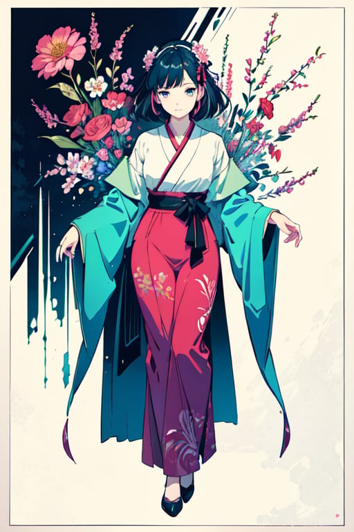 (a woman, full body) with flowers in her hair, in the style of poster art, dark white and light magenta, highly detailed illustrations, serene faces, light teal and light red, smooth lines, comic art --ar  --s 750 --niji 5