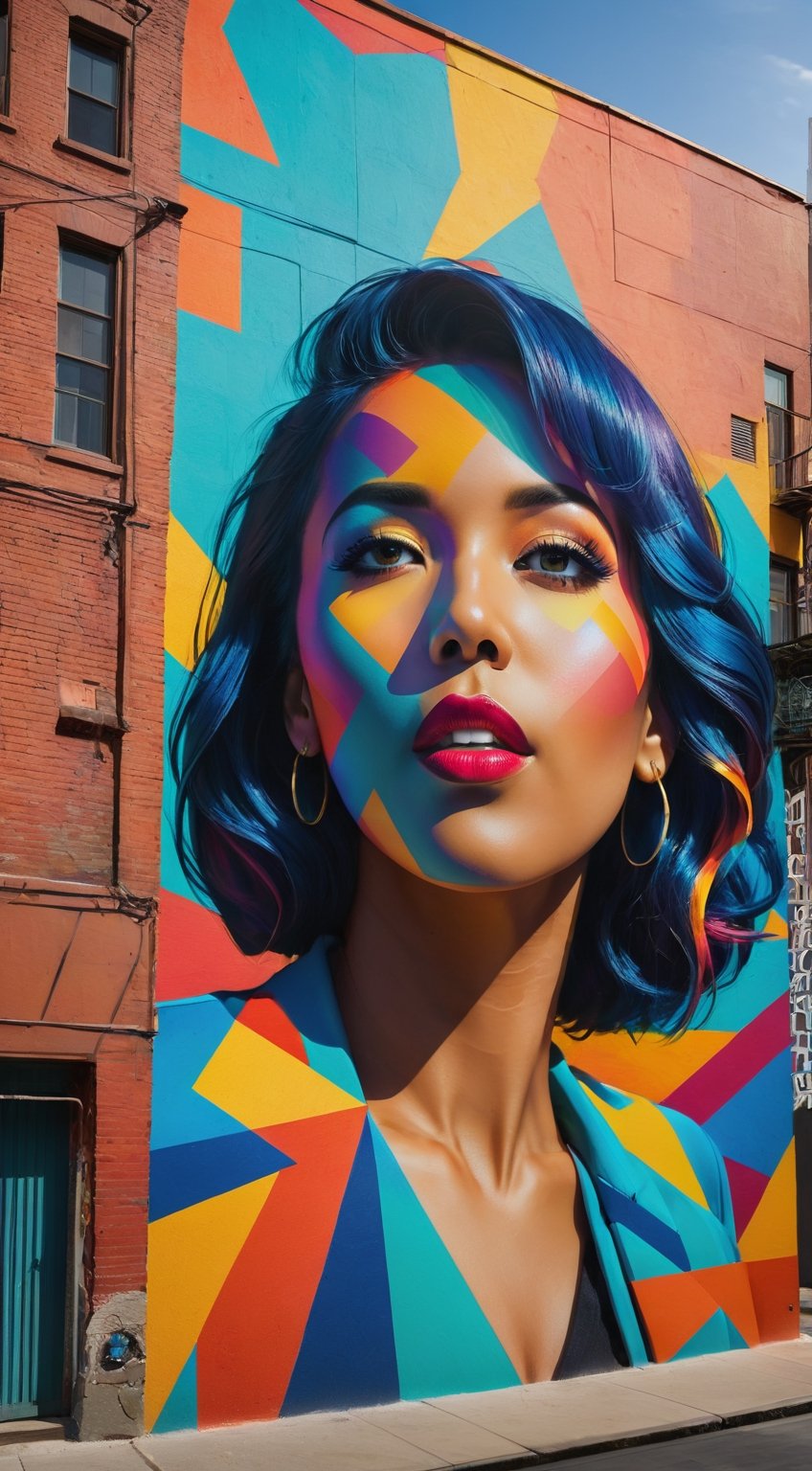 A series of dynamic and colorful street art murals adorning the walls of a lively urban alleyway, showcasing a blend of abstract shapes, intricate portraits, and mesmerizing geometric patterns. The scene is captured from a unique low angle, creating dramatic shadows and emphasizing the vibrant contrast of colors. The high-definition photograph brings out every detail, immersing viewers in the artistic essence of the bustling cityscape.,