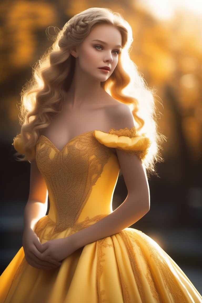 The dress was yellow, off the shoulder, with a satiny bodice. The skirt billowed out ridiculously, and the yellow taffeta underneath it swished when16 year old Melinda moved. Yellow satin gloves covered her hands and marched up to her elbows. The back was cut low, but stopped just before the small of Melinda’s back. It fit her snugly, and was almost too tight. Carrie could see Melinda’s bare feet and noticed the skirt was short and came to the conclusion that this dress must be a couple of years old.sunset, 4 K, 8 K ,  highe Definisjon, uhd, soft light, warm light,perfect eyes  nose mouth, exquisite detail, 30 -megapixel, 4k, 60-mm-lens, sharp-focus, intricately-detailed, long exposure time, f/8, ISO 100, shutter-speed 1/125, diffuse-back-lighting,  award-winning photograph,  monovisions, elle, small-catchlight, low-contrast, High-sharpness, facial-symmetry, perfect face, depth-of-field, golden-hour, ultra-  detailed photography, raytraced, global illumination