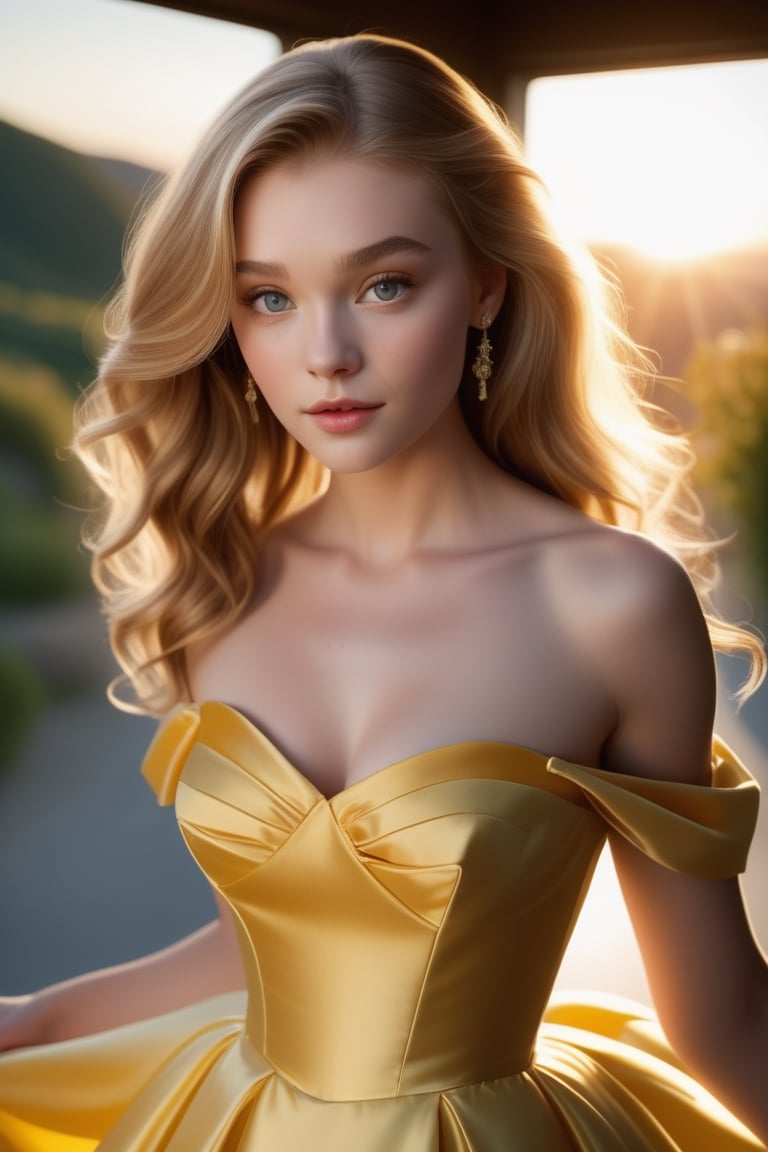 The dress was yellow, off the shoulder, with a satiny bodice. The skirt billowed out ridiculously, and the yellow taffeta underneath it swished when16 year old Melinda moved. Yellow satin gloves covered her hands and marched up to her elbows. The back was cut low, but stopped just before the small of Melinda’s back. It fit her snugly, and was almost too tight. Carrie could see Melinda’s bare feet and noticed the skirt was short and came to the conclusion that this dress must be a couple of years old.sunset, 4 K, 8 K ,  highe Definisjon, uhd, soft light, warm light,perfect eyes  nose mouth, exquisite detail, 30 -megapixel, 4k, 60-mm-lens, sharp-focus, intricately-detailed, long exposure time, f/8, ISO 100, shutter-speed 1/125, diffuse-back-lighting,  award-winning photograph,  monovisions, elle, small-catchlight, low-contrast, High-sharpness, facial-symmetry, perfect face, depth-of-field, golden-hour, ultra-  detailed photography, raytraced, global illumination