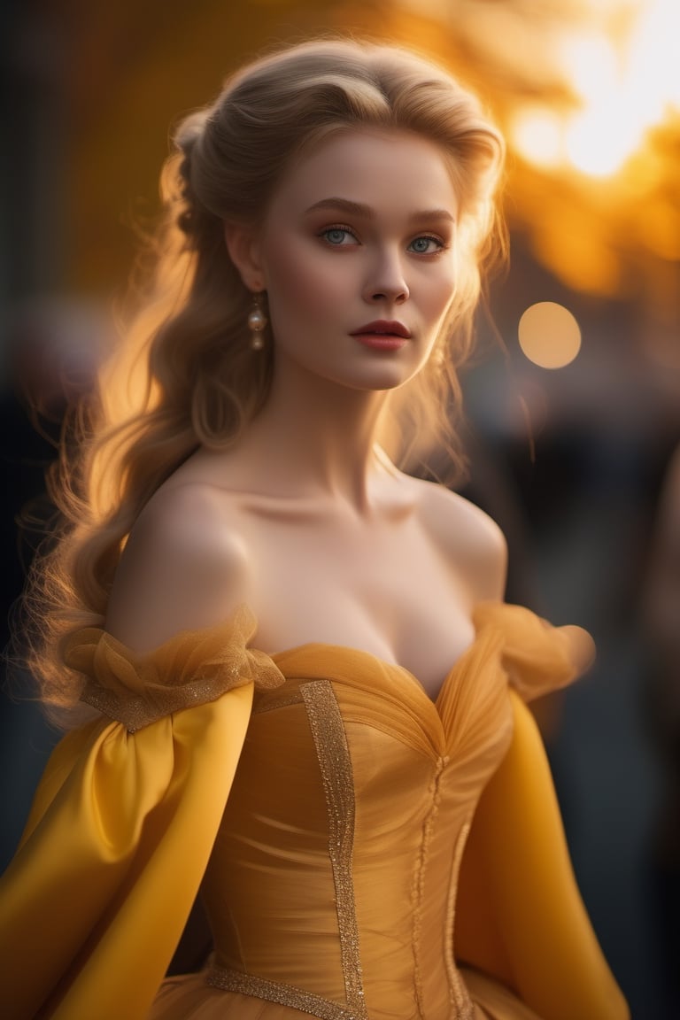 The dress was yellow, off the shoulder, with a satiny bodice. The skirt billowed out ridiculously, and the yellow taffeta underneath it swished when16 year old Melinda moved. Yellow satin gloves covered her hands and marched up to her elbows. The back was cut low, but stopped just before the small of Melinda’s back. It fit her snugly, and was almost too tight. Carrie could see Melinda’s bare feet and noticed the skirt was short and came to the conclusion that this dress must be a couple of years old.sunset, 4 K, 8 K ,  highe Definisjon, uhd, soft light, warm light,perfect eyes  nose mouth, exquisite detail, 30 -megapixel, 4k, 60-mm-lens, sharp-focus, intricately-detailed, long exposure time, f/8, ISO 100, shutter-speed 1/125, diffuse-back-lighting,  award-winning photograph,  monovisions, elle, small-catchlight, low-contrast, High-sharpness, facial-symmetry, perfect face, depth-of-field, golden-hour, ultra-  detailed photography, raytraced, global illumination