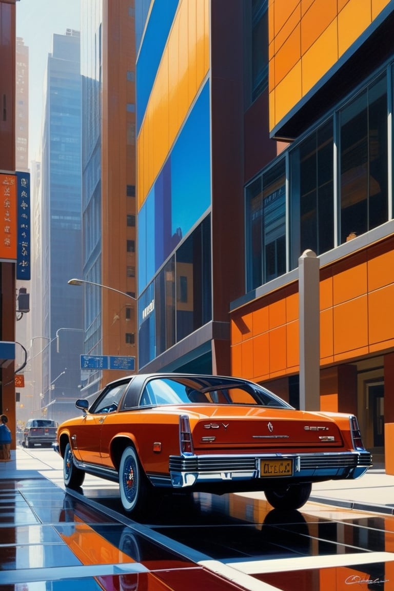 a painting of a car parked in front of a building, syd mead. rich colors, an ultrafine detailed painting, cgsociety saturated colors, artwork of a hong kong street, the art of pixar, american scene painting, vibrant colors hyper realism, syd mead color scheme, photorealistic colors, ultrafine detailed painting, colorkey scene, highly detailed digital painting