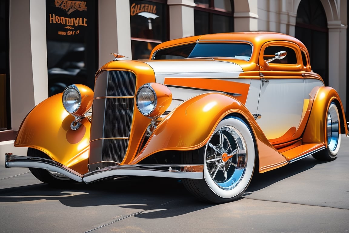 a custom hotrod car white modern rims,  is on display at a show,  fine fiberglass by Forklift trucker on Tensor.Art