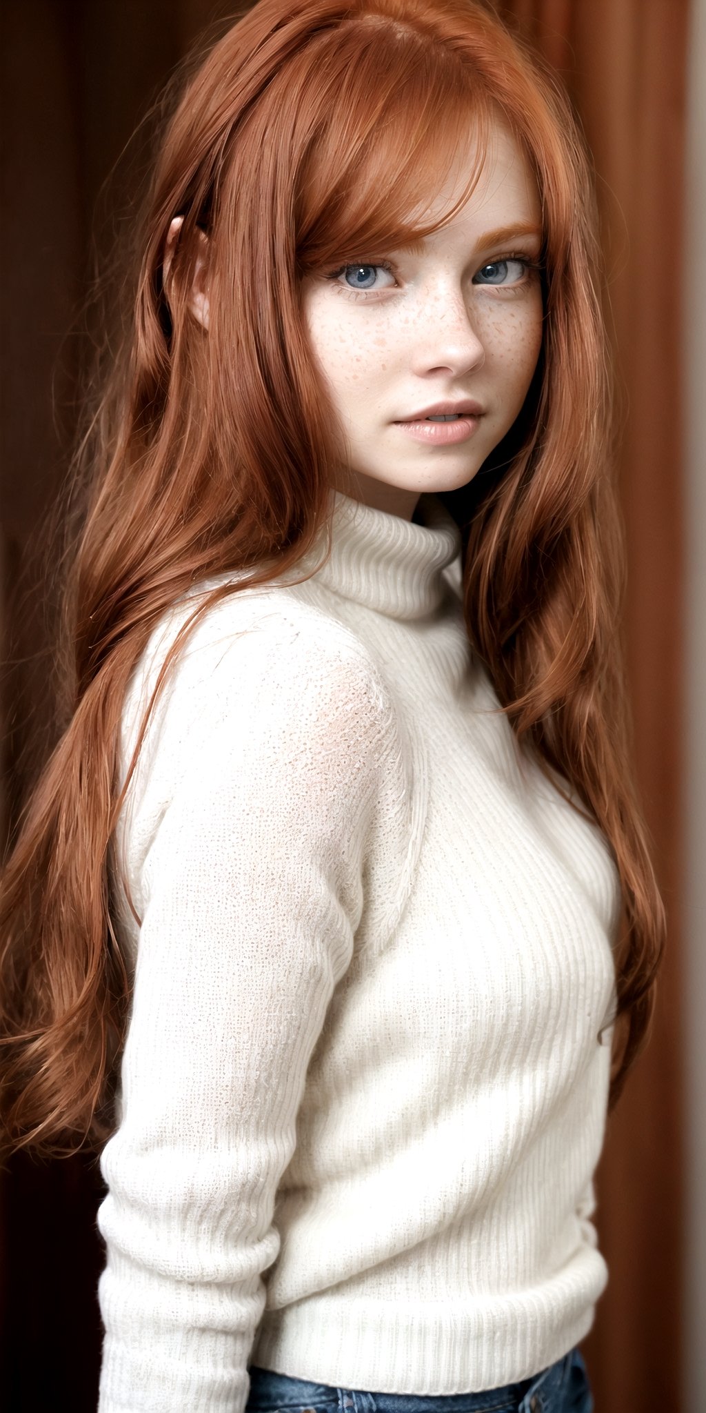 a woman with red hair and blue eyes wearing a sweater,  ginger hair with freckles,  red hair and freckles by Forklift truc...